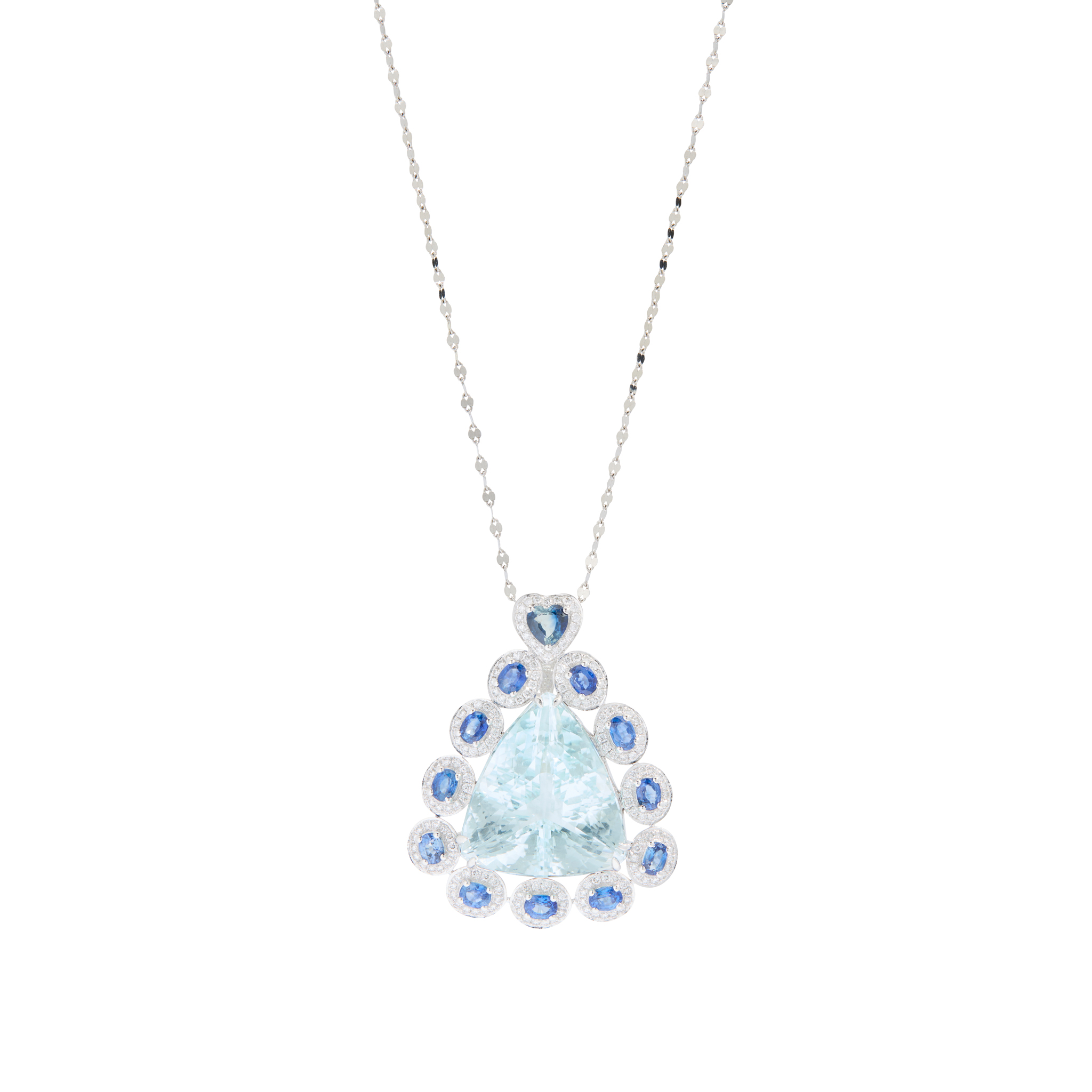 An aquamarine, sapphire and diamond pendant