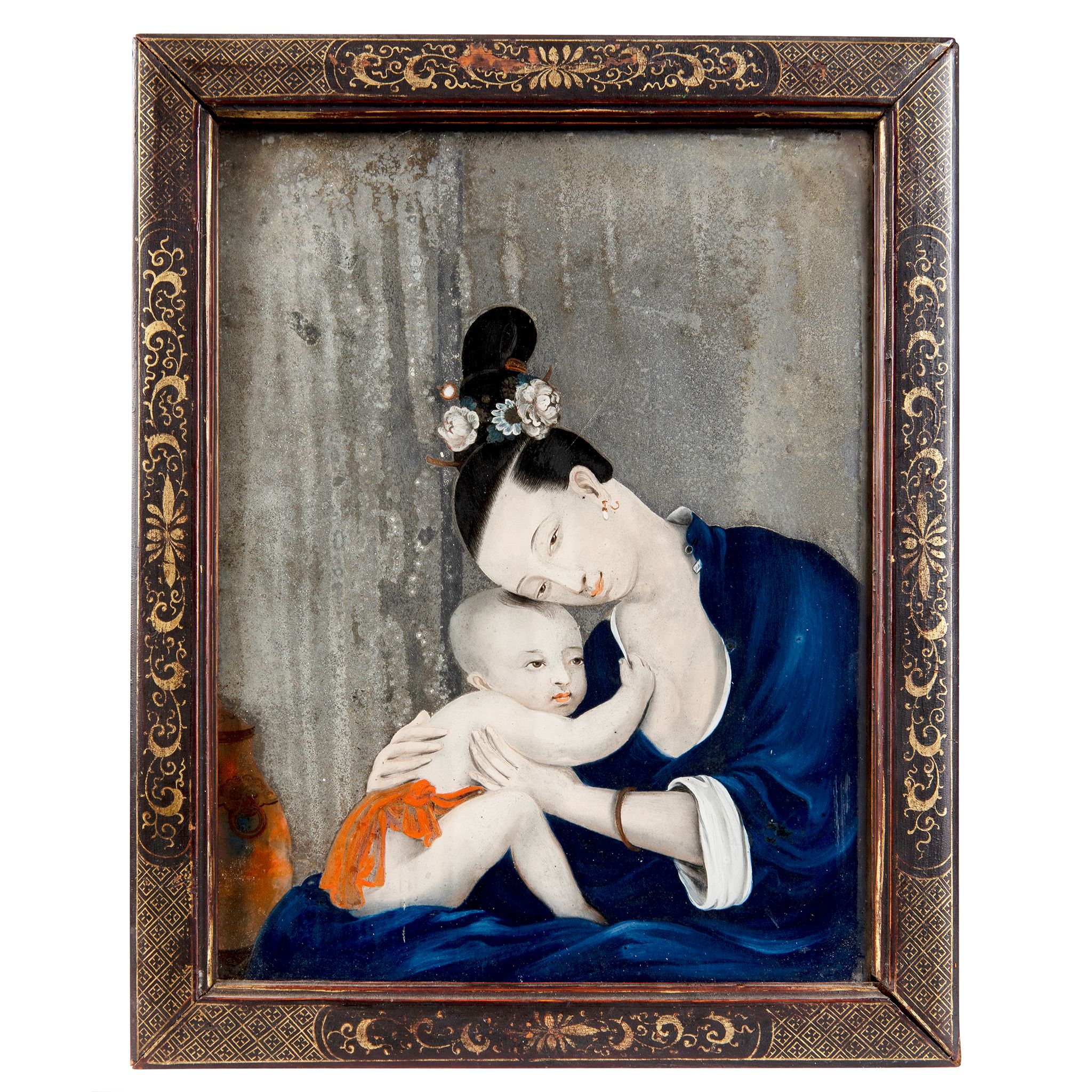 REVERSE GLASS MIRROR PAINTING OF MOTHER AND CHILD
