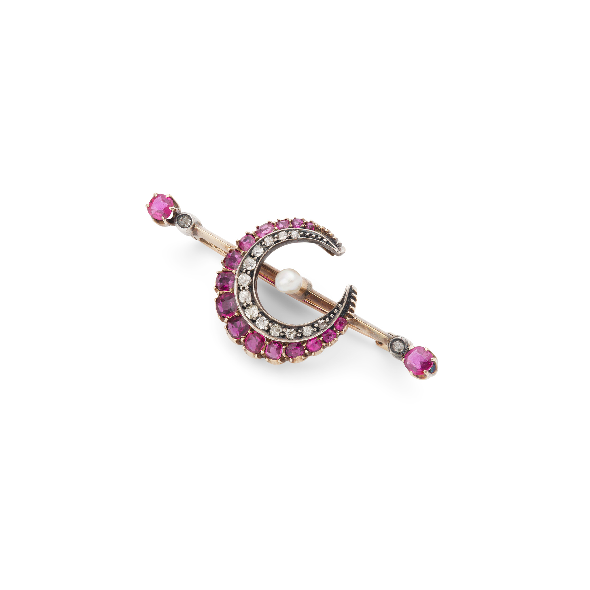 A ruby and diamond crescent moon brooch, circa 1890