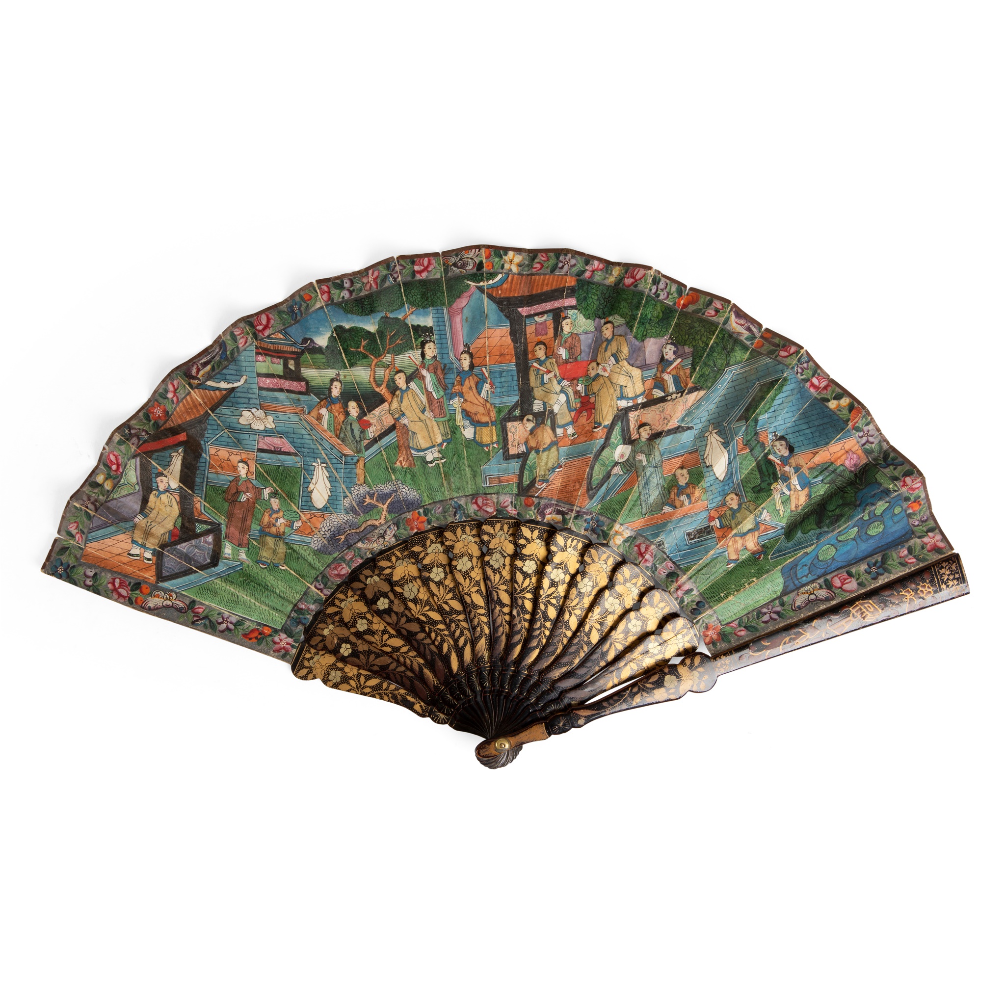 CANTON LACQUERED AND PAPER 'THOUSAND FACES' FAN