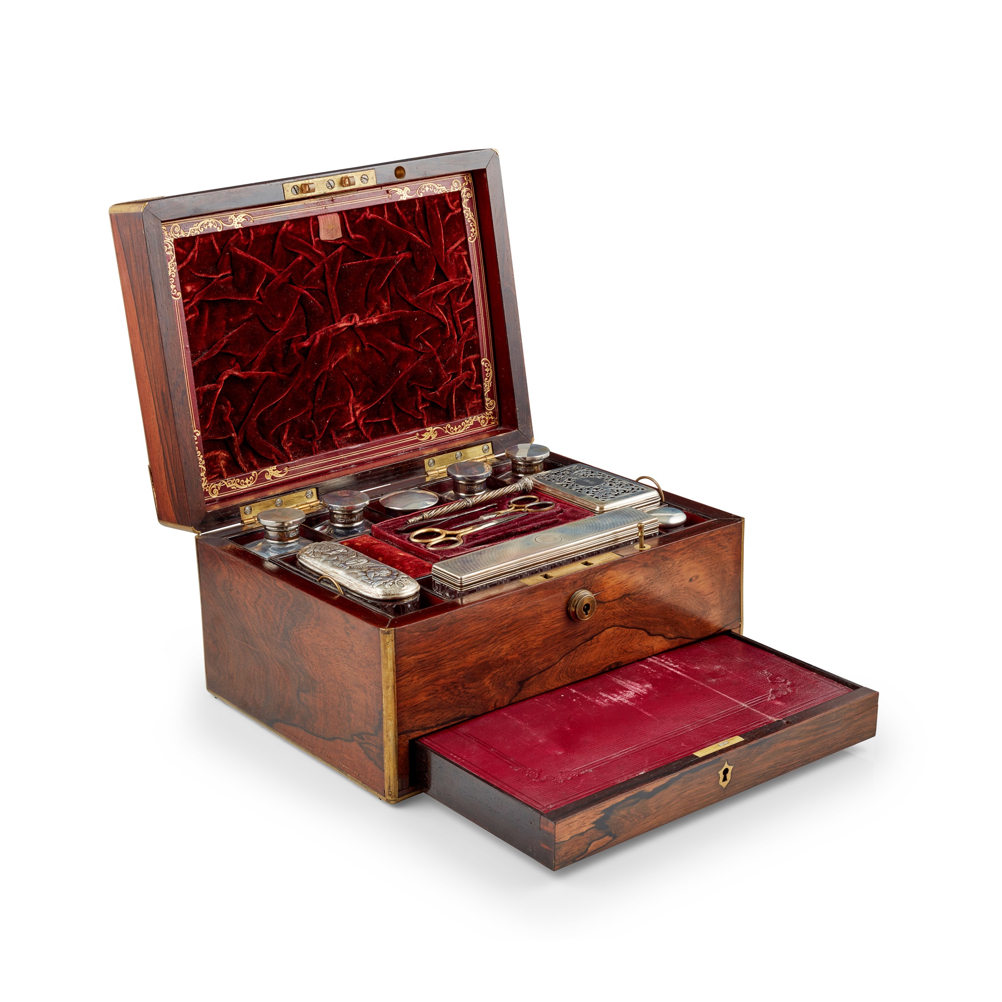 VICTORIAN BRASS-BANDED ROSEWOOD DRESSING BOX