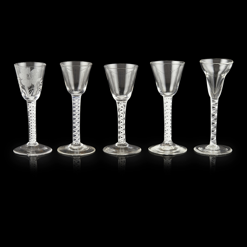 FIVE GEORGIAN OPAQUE TWIST STEM WINE GLASSES