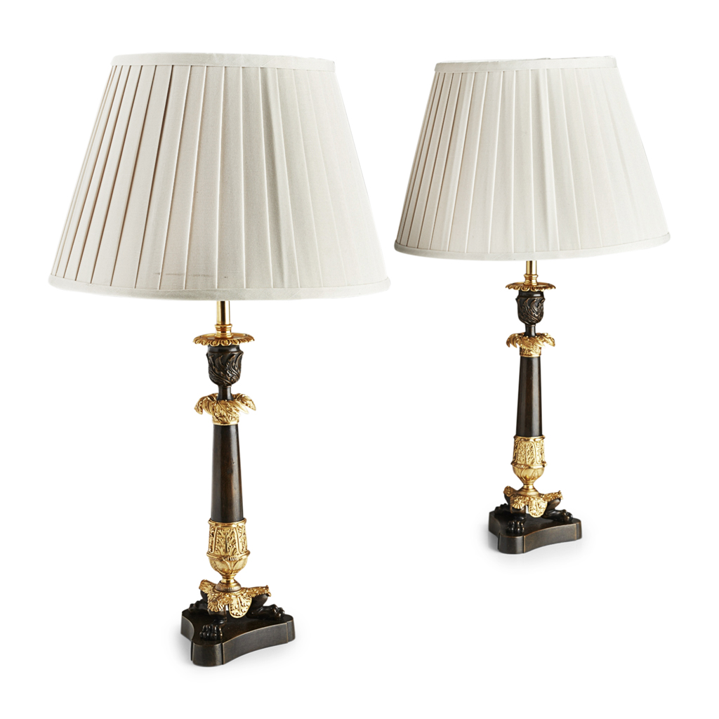 PAIR OF REGENCY STYLE PATINATED AND GILT BRONZE LAMPS