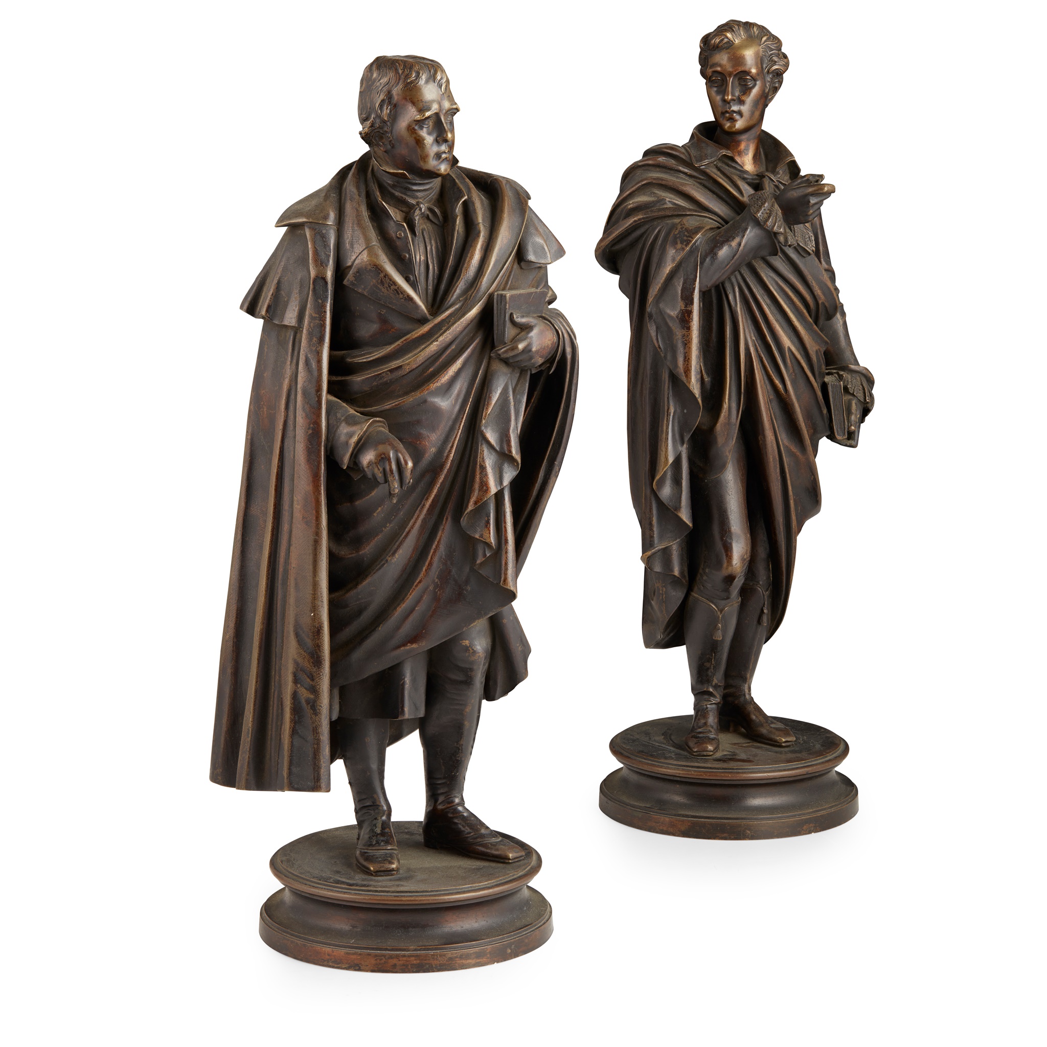 PAIR OF BRONZE FIGURES OF SIR WALTER SCOTT AND LORD BYRON