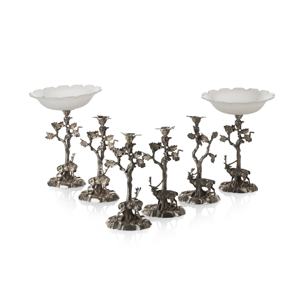 SIX PIECE WHITE METAL AND GLASS TABLE GARNITURE
