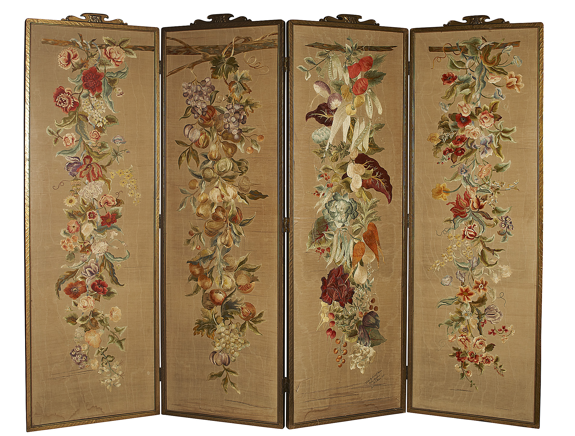 GILTWOOD FRAMED NEEDLEWORK FOUR FOLD SCREEN