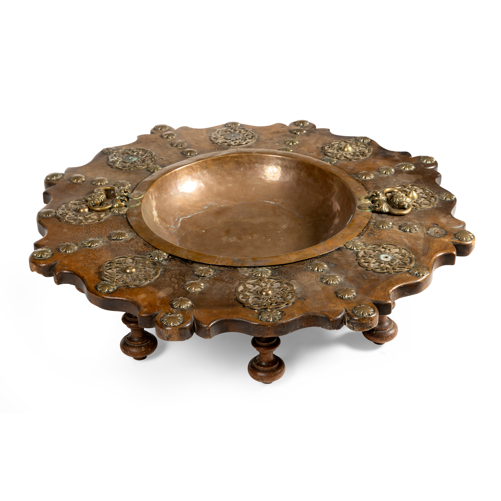 AN IBERIAN WALNUT AND BRASS MOUNTED BRAZIER