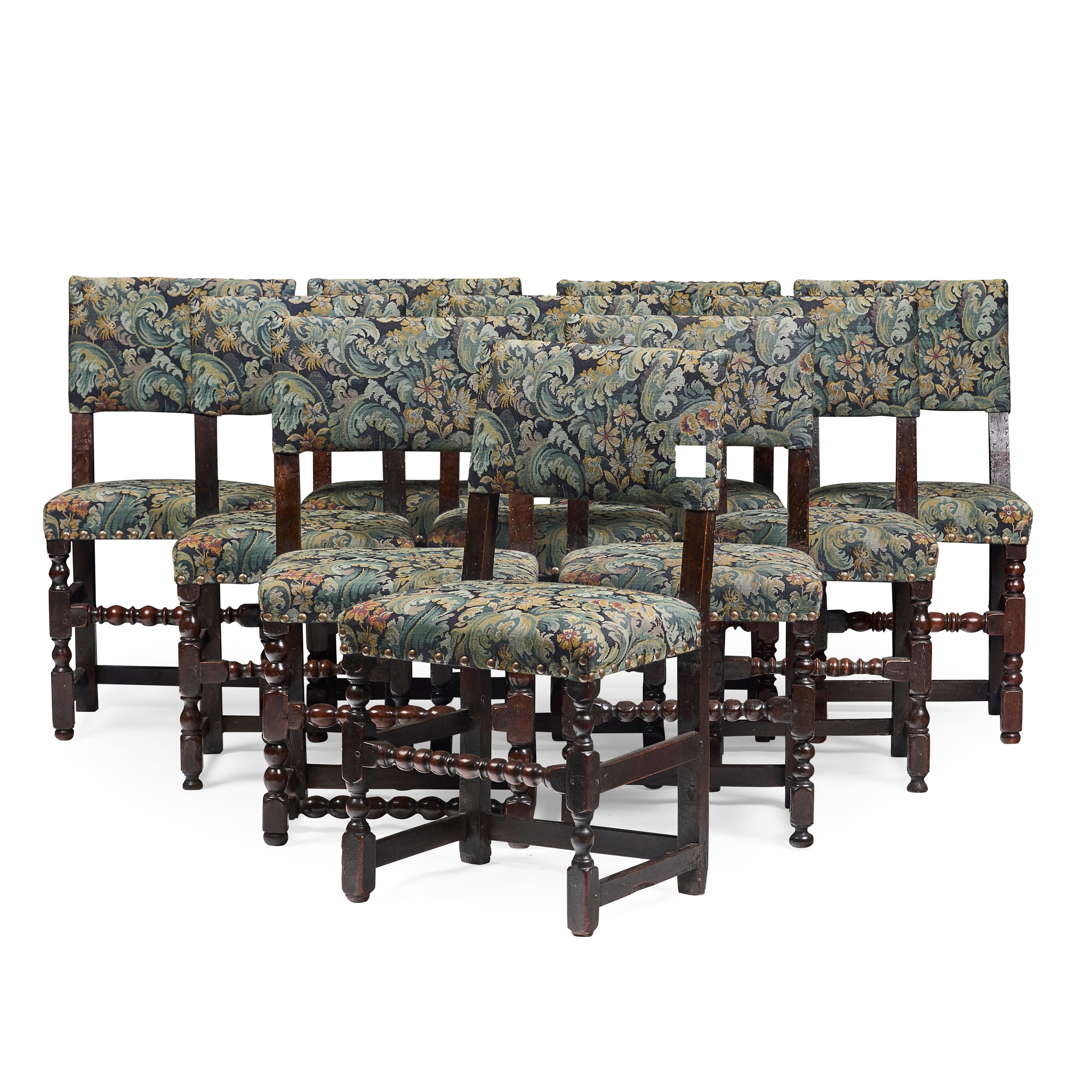 MATCHED SET OF TEN CHARLES II OAK BACKSTOOLS