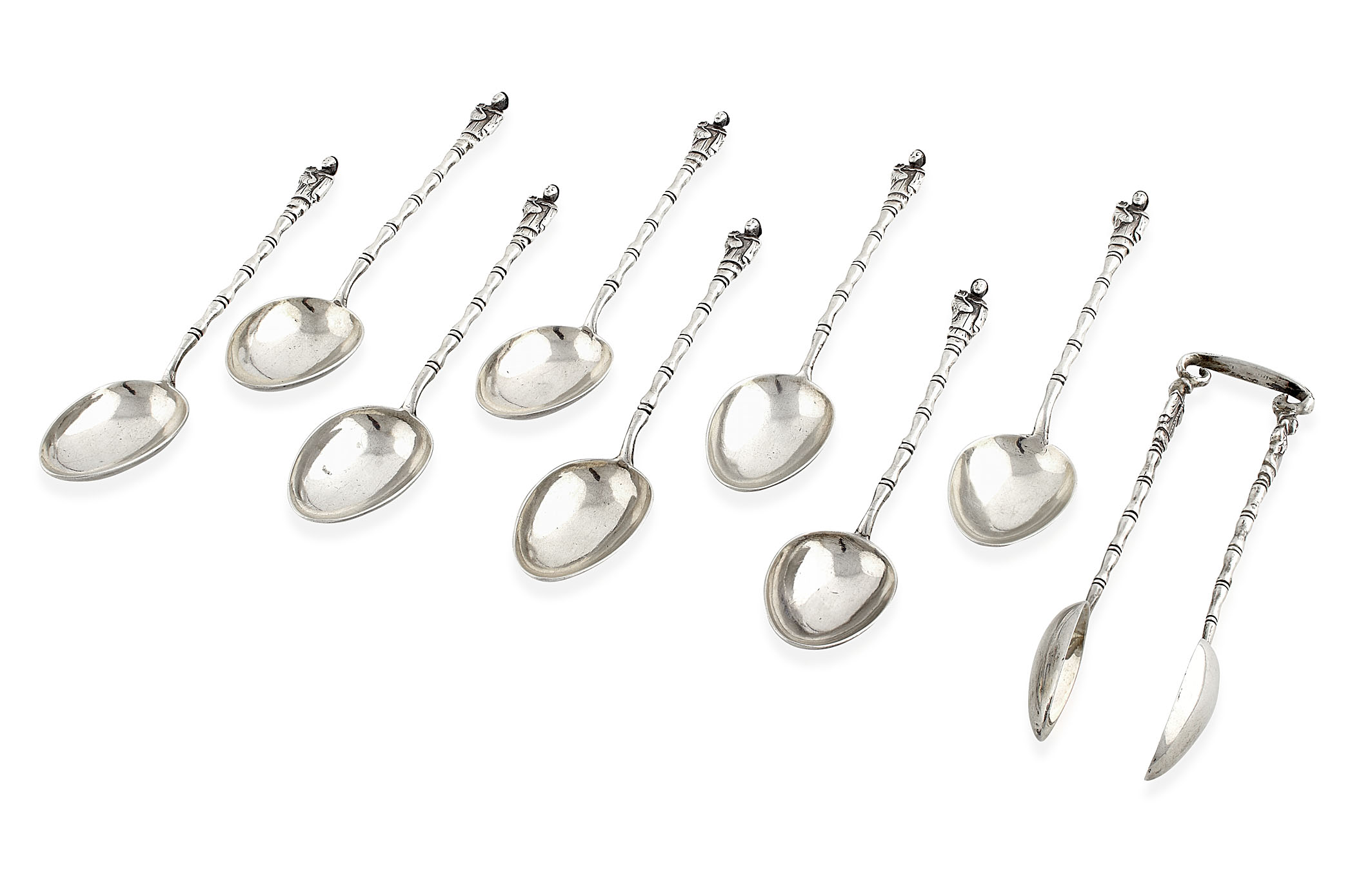 SET OF EIGHT CHINESE EXPORT SILVER SPOONS WITH MATCHING SUGAR TONGS