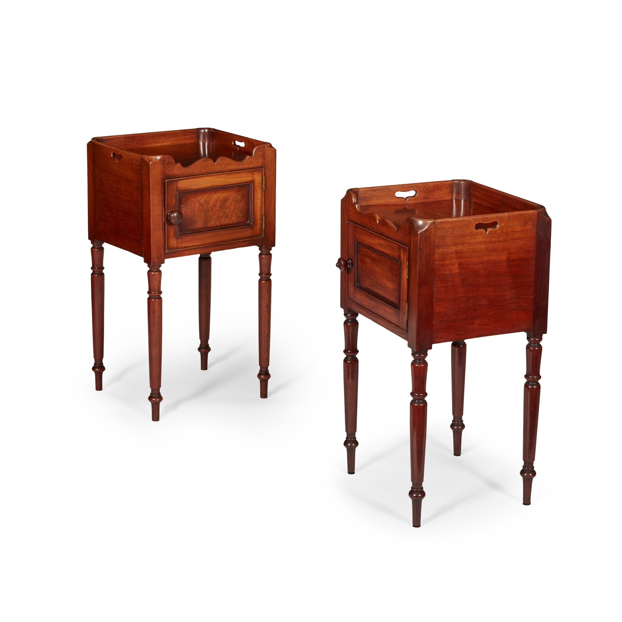 MATCHED PAIR OF LATE REGENCY MAHOGANY BEDSIDE TRAY-TOP POT CUPBOARDS