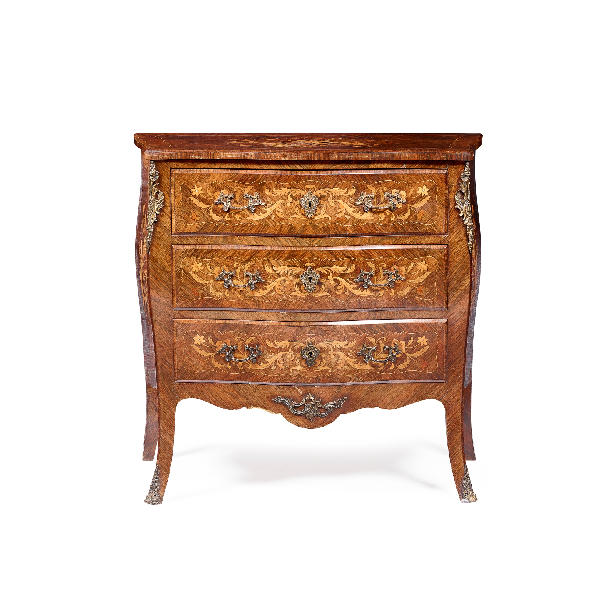 LOUIS XV STYLE KINGWOOD AND MARQUETRY SERPENTINE COMMODE