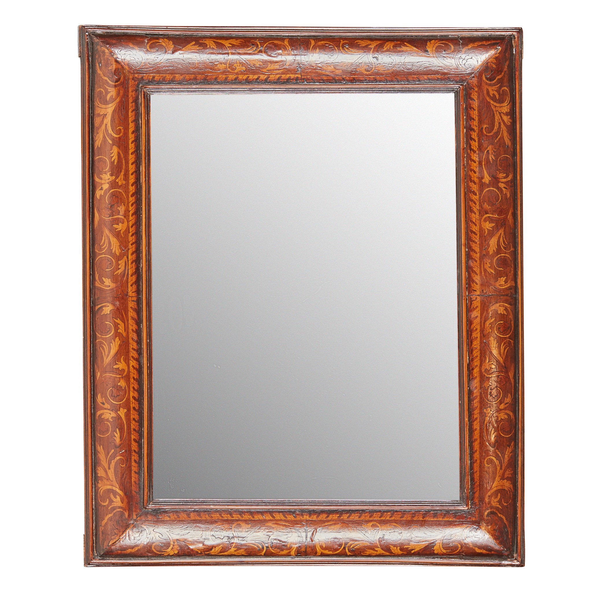 WILLIAM AND MARY WALNUT AND MARQUETRY CUSHION FRAME MIRROR