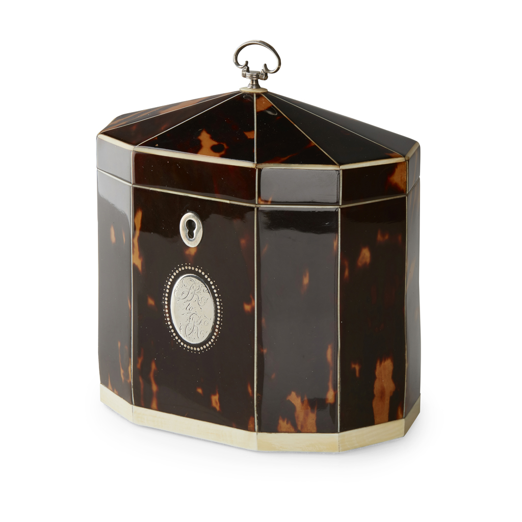GEORGIAN TORTOISESHELL AND IVORY-BANDED TEA CADDY
