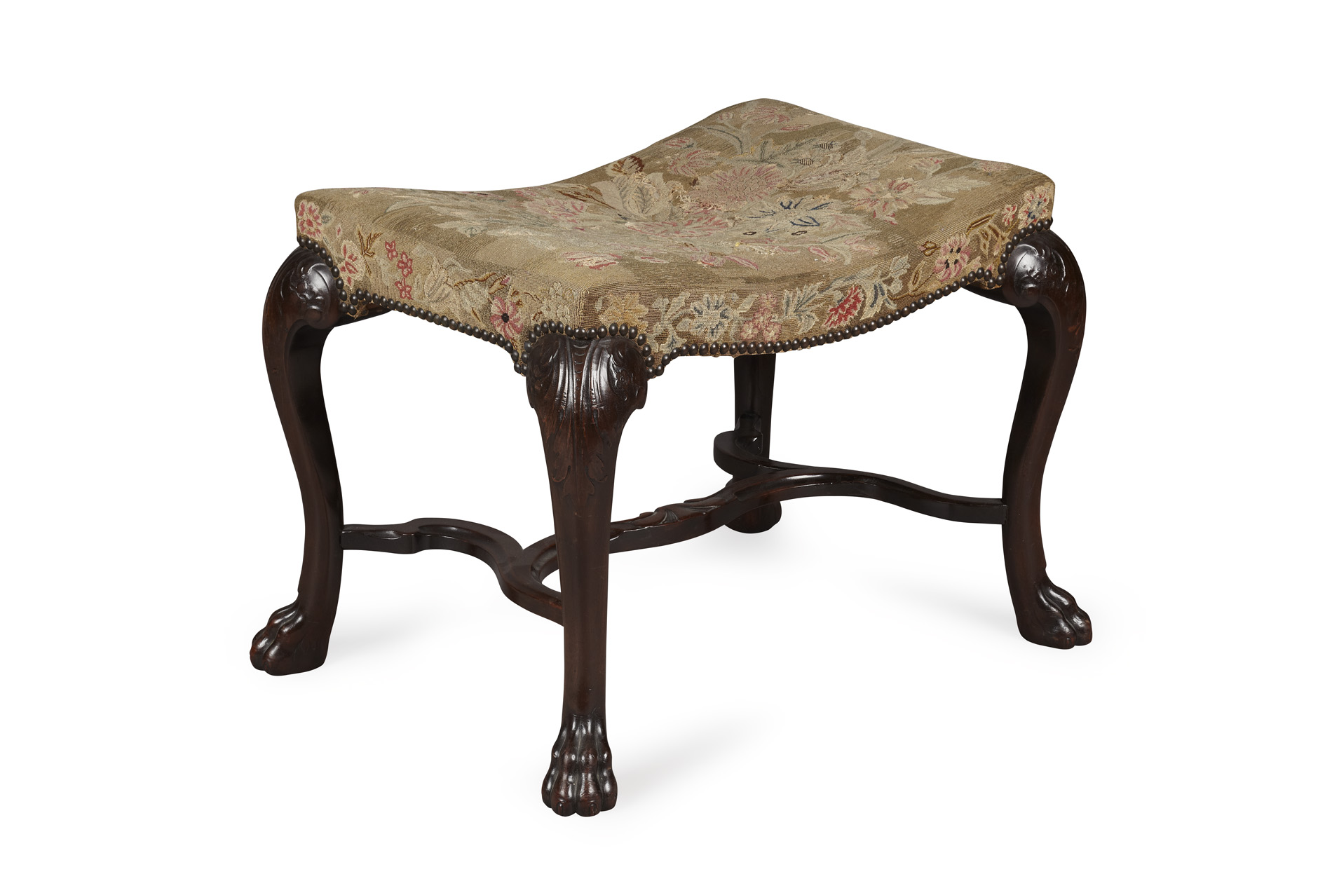 GEORGE II STYLE MAHOGANY AND NEEDLWORK UPHOLSTERED STOOL BY JOHN REID & SON, GLASGOW
