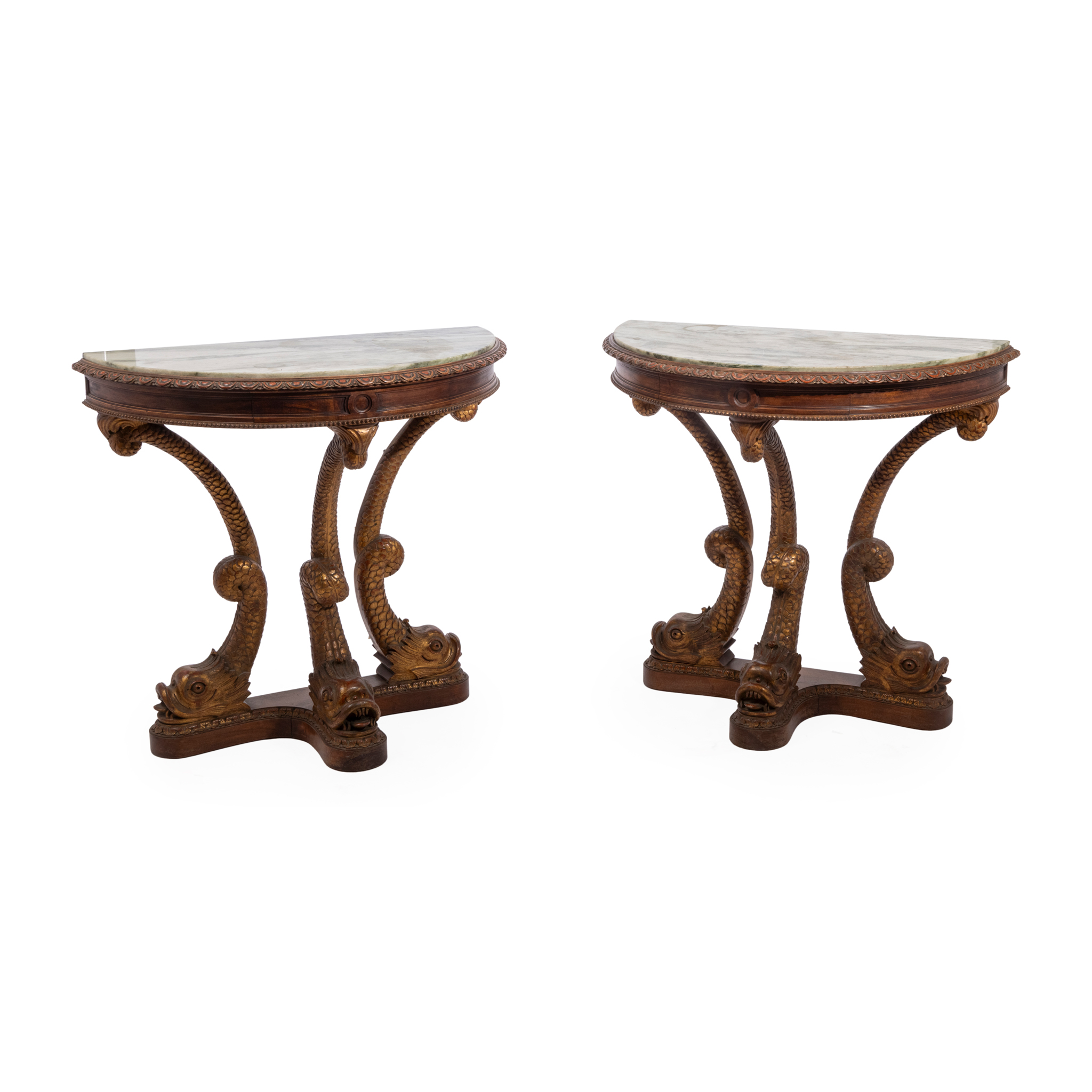A PAIR OF FRENCH GILTWOOD AND GREEN MARBLE TOP DEMI LUNE CONSOLE TABLES