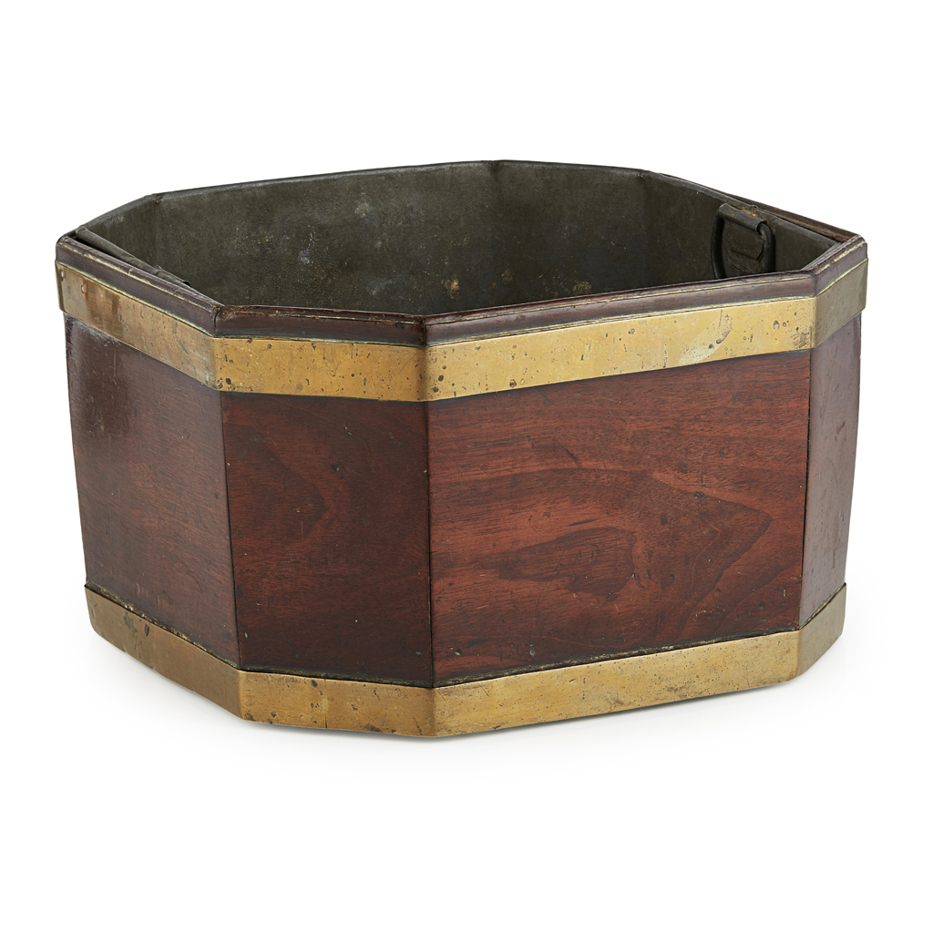 GEORGE III SMALL MAHOGANY BRASS BANDED WINE COOLER