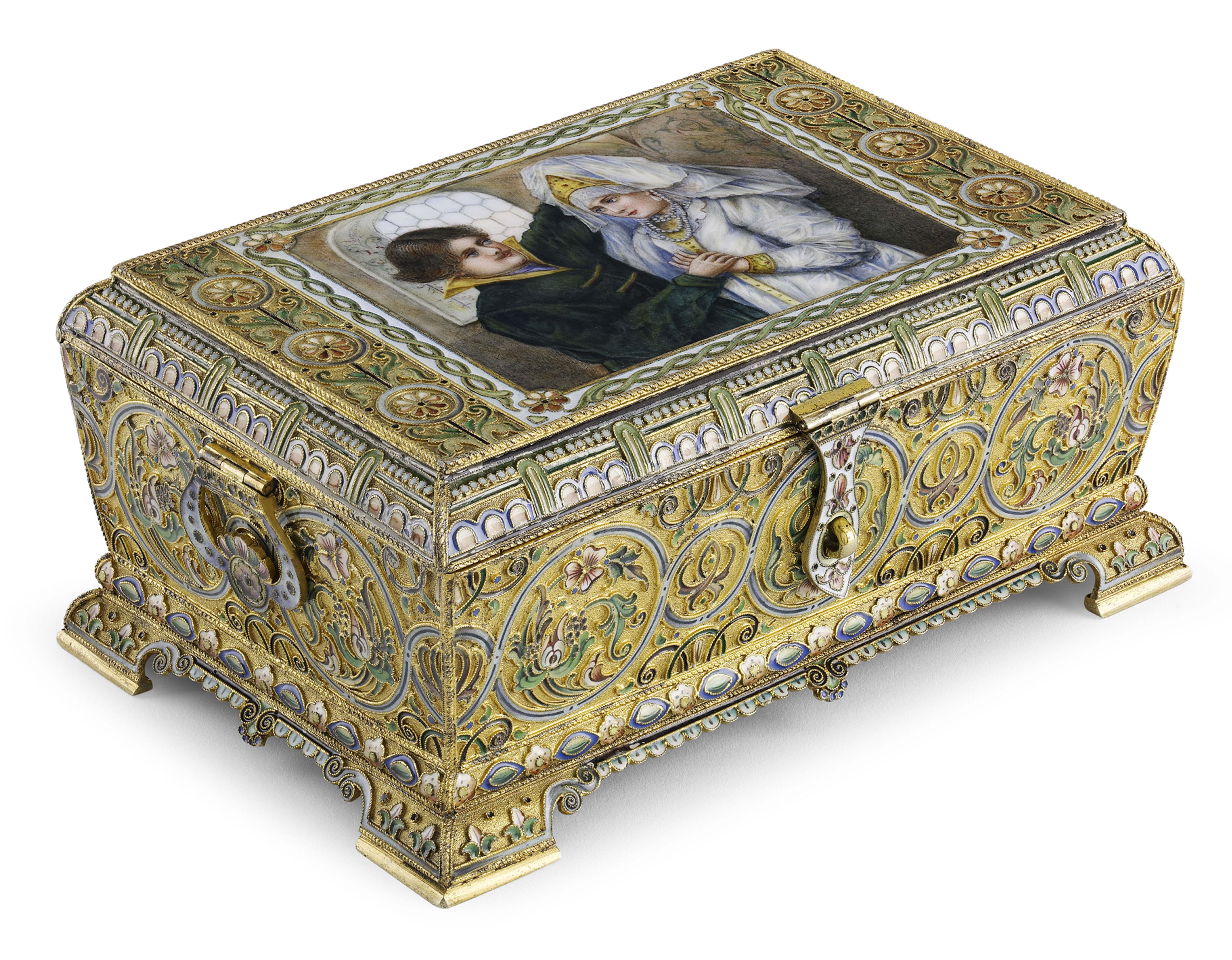 A fine Russian silver-gilt and cloisonné and en-plein enamel casket