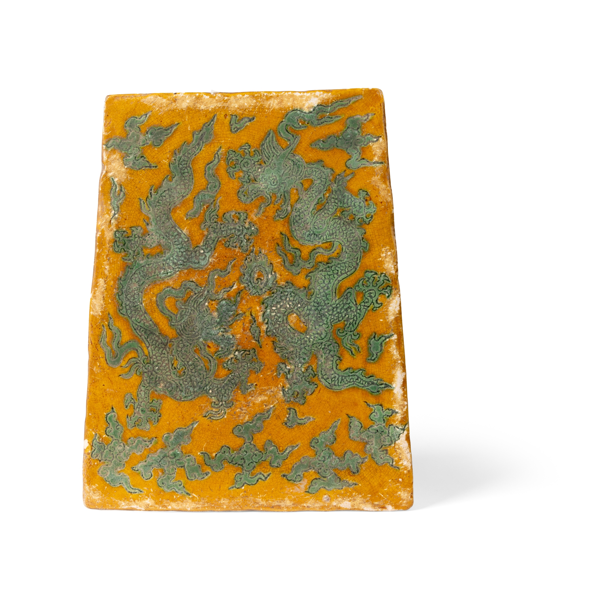 CHINESE YELLOW AND GREEN-GLAZED RECTANGULAR 'DRAGON' TILE