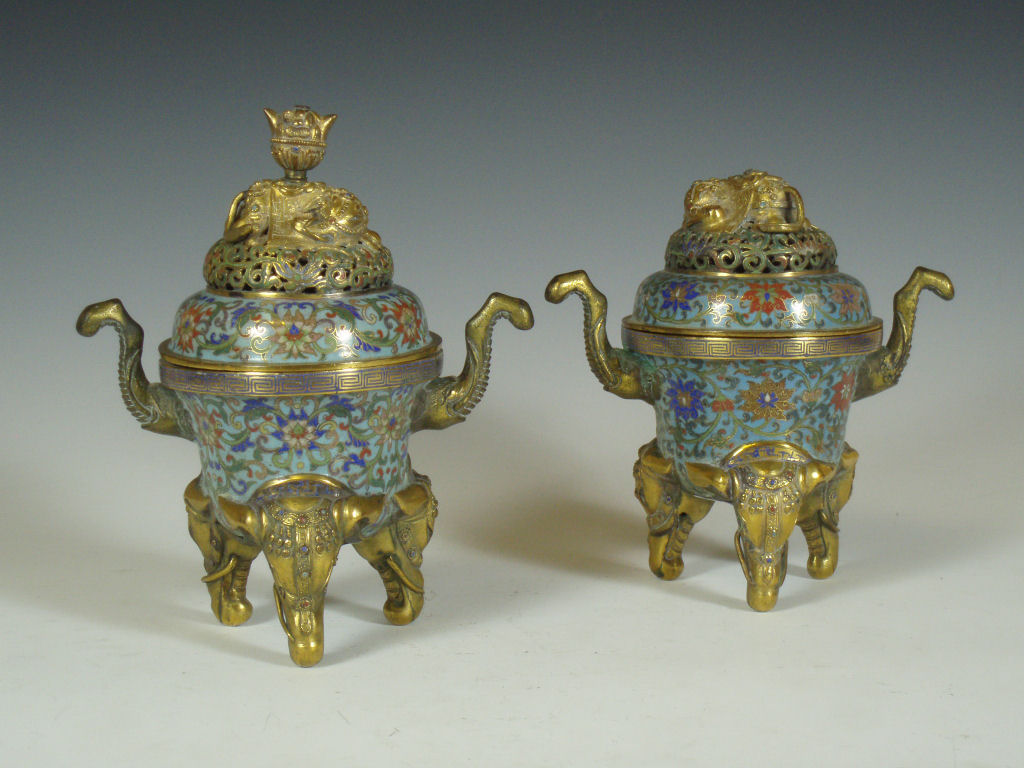 Two Chinese cloisonné enamel twin handled censers