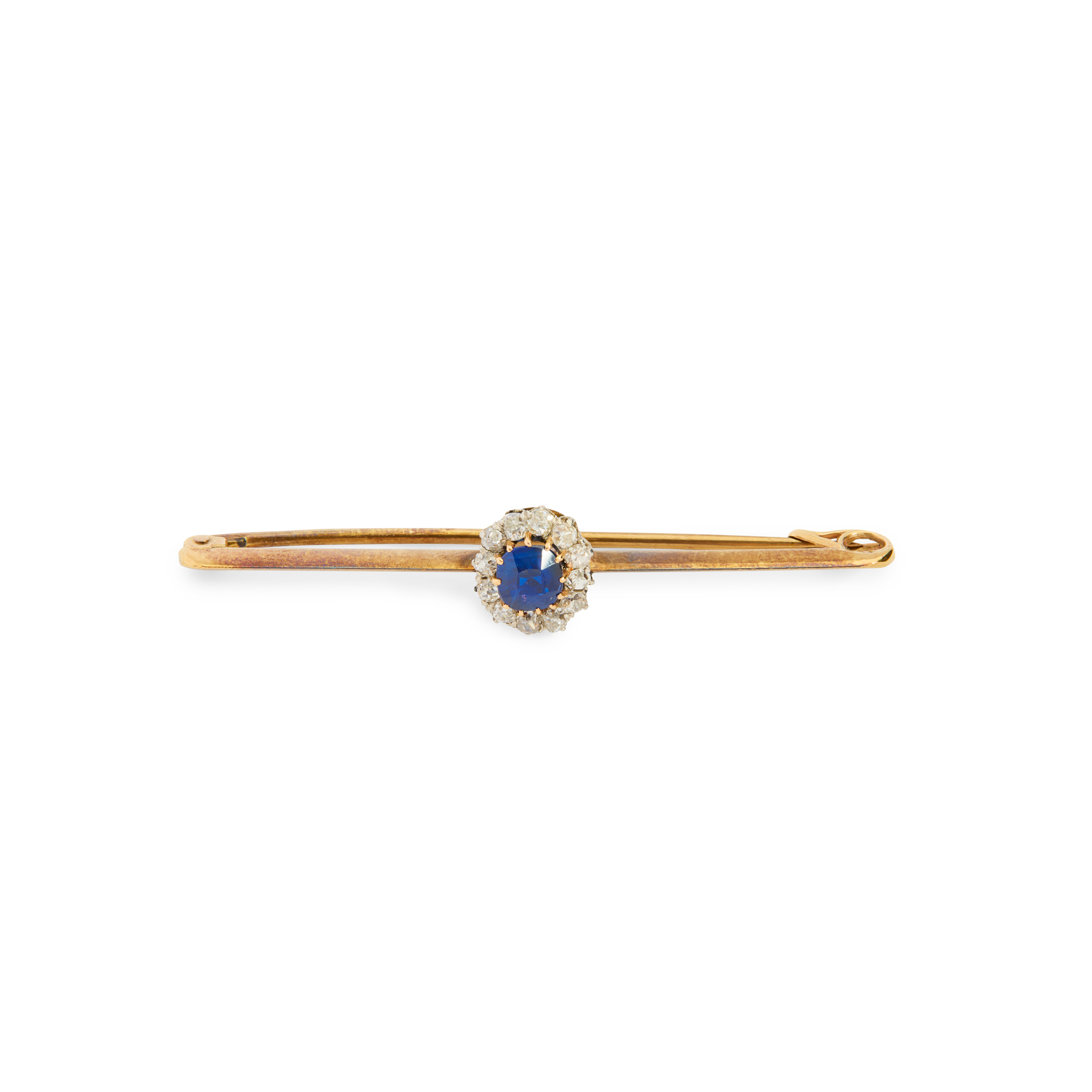 A sapphire and diamond cluster bar brooch