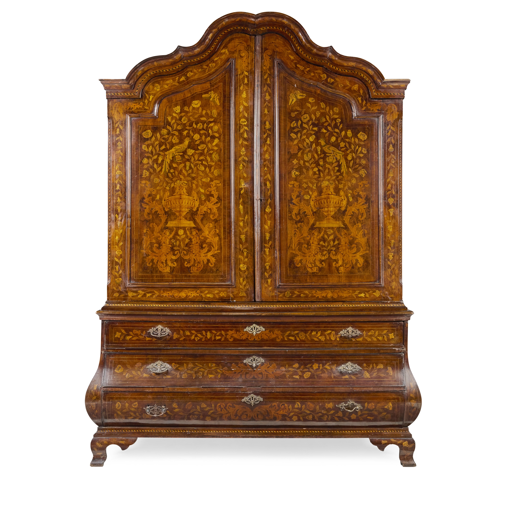 DUTCH WALNUT AND FLORAL MARQUETRY BOMBE CUPBOARD