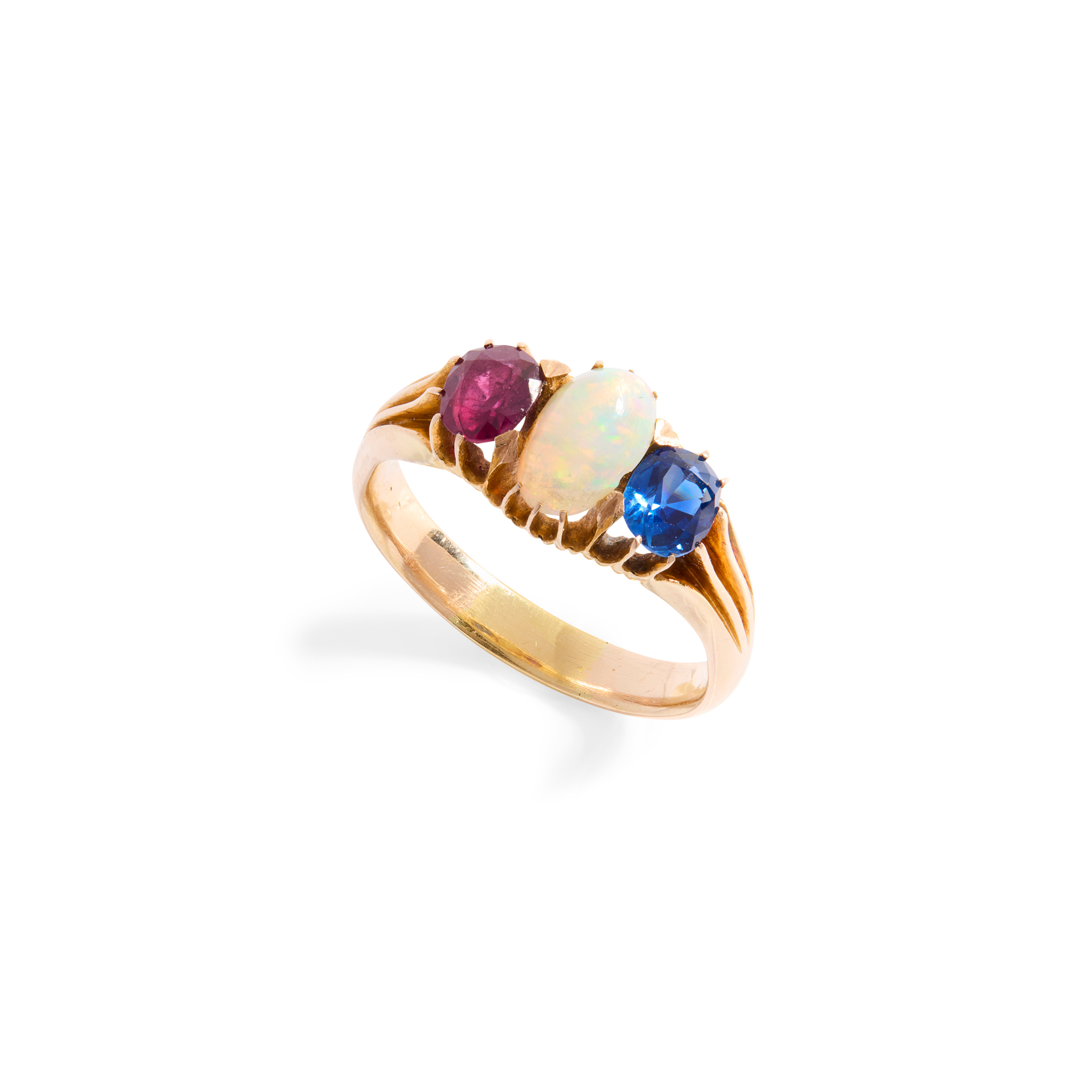 An opal, ruby and sapphire dress ring