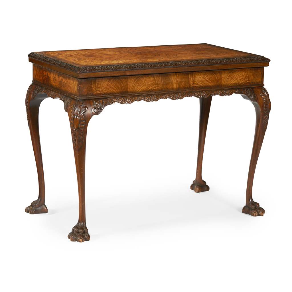 GEORGE II STYLE FIGURED WALNUT CARD TABLE, BY MAPLE & CO.
