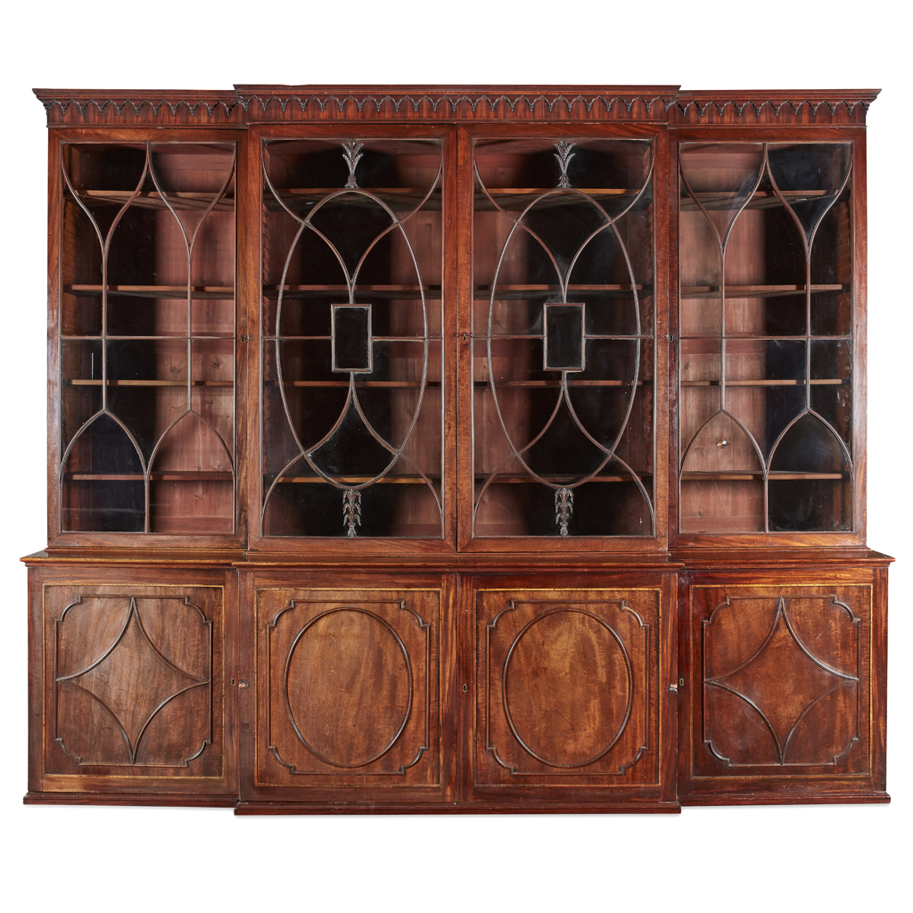 GEORGE III MAHOGANY BREAKFRONT LIBRARY BOOKCASE, AFTER A DESIGN BY THOMAS SHERATON