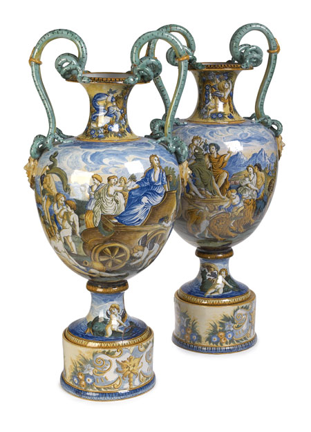 A pair of large early 20th century maiolica urns
