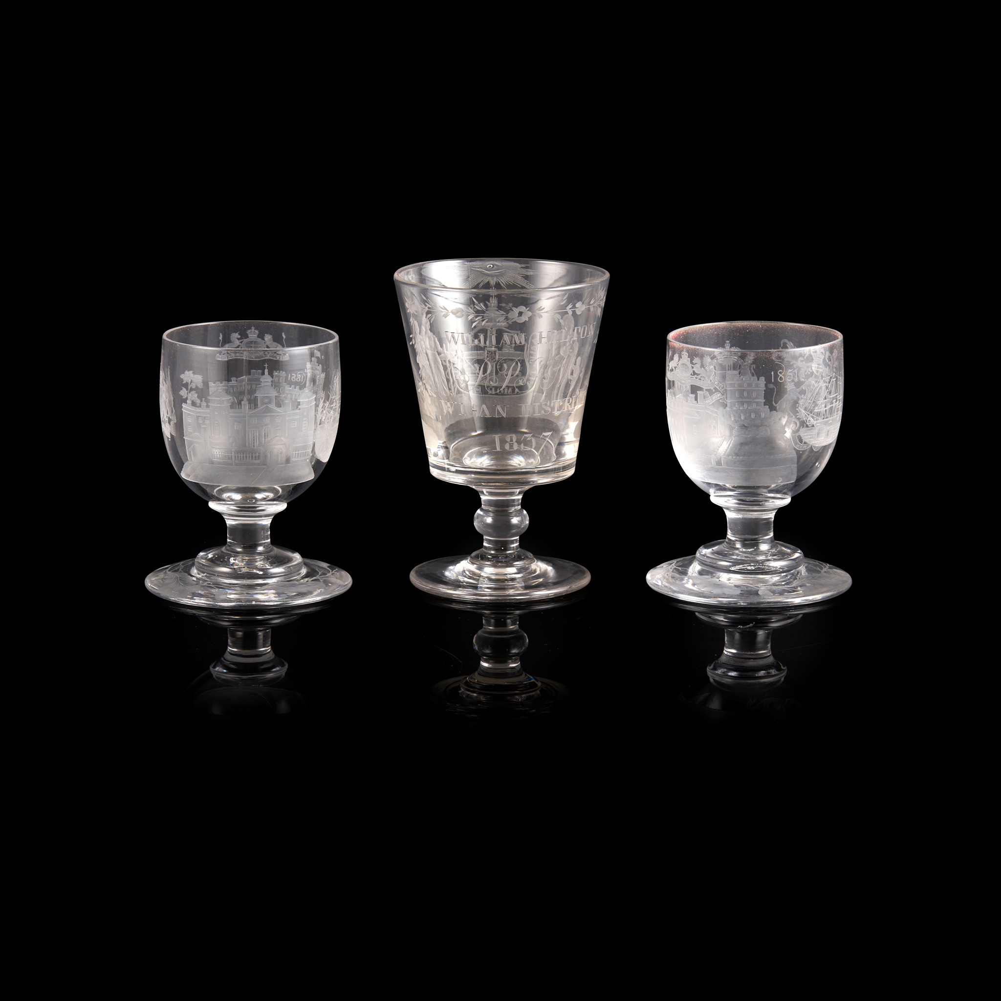 THREE LARGE VICTORIAN WHEEL-ENGRAVED RUMMERS
