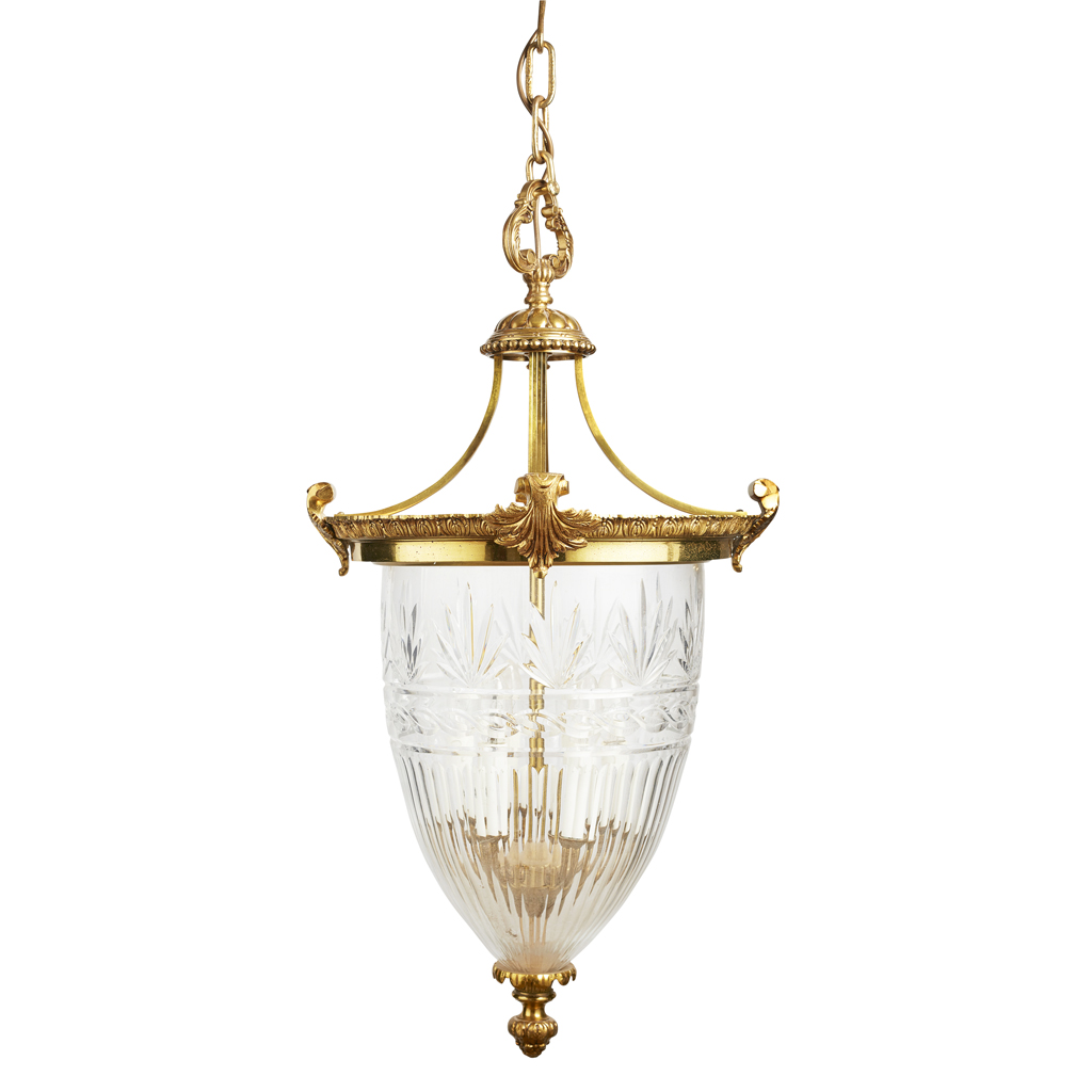 REGENCY STYLE GILT BRASS AND CUT GLASS HALL LANTERN