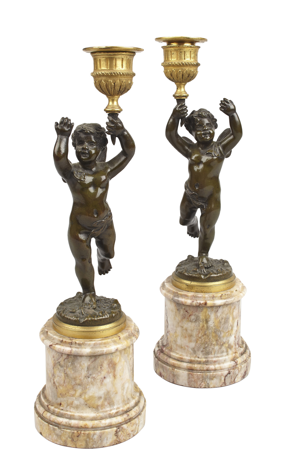 PAIR OF FRENCH BRONZE AND MARBLE CANDLESTICKS