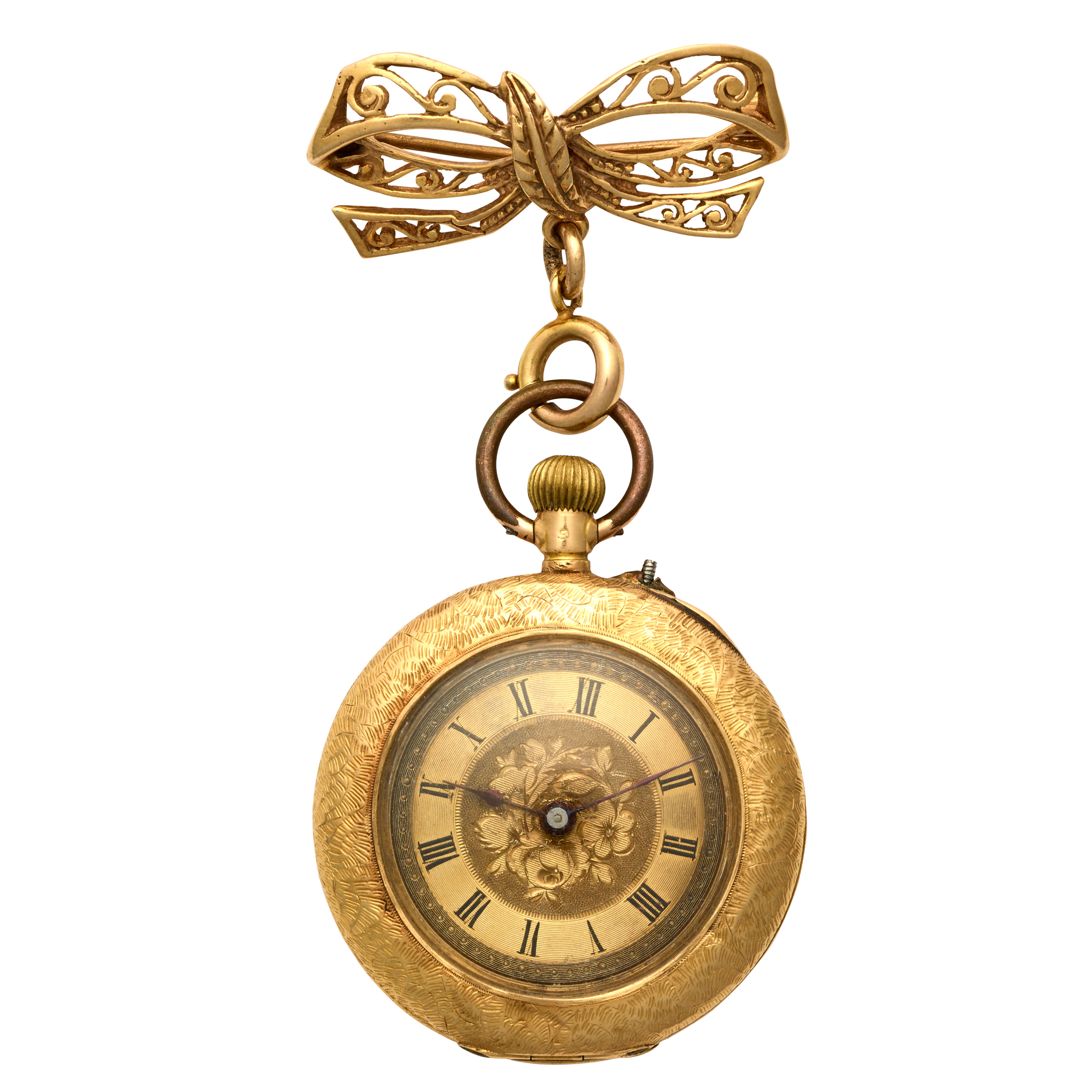 Continental. An 18k gold open face fob watch with 9k gold bow
