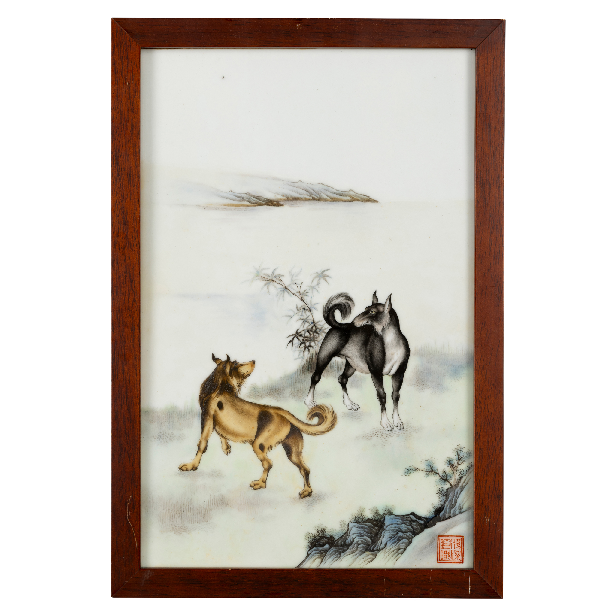 FAMILLE ROSE PORCELAIN PLAQUE WITH TWO DOGS