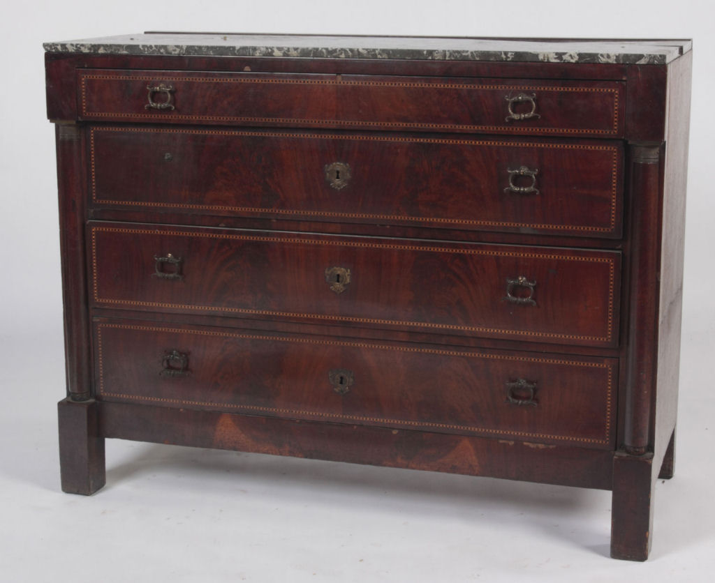 An early 19th century Dutch mahogany and chequer banded marble top commode