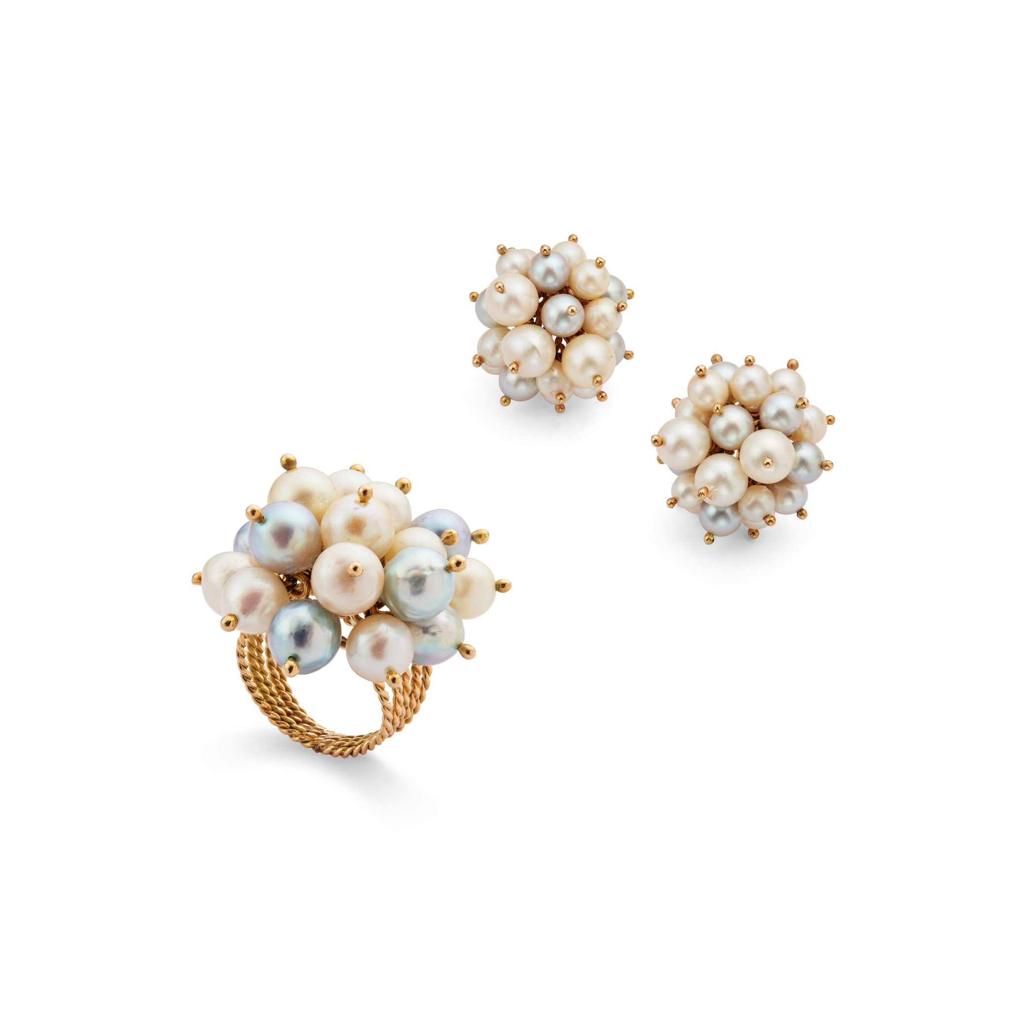 A pair of cultured pearl earrings and a cluster ring