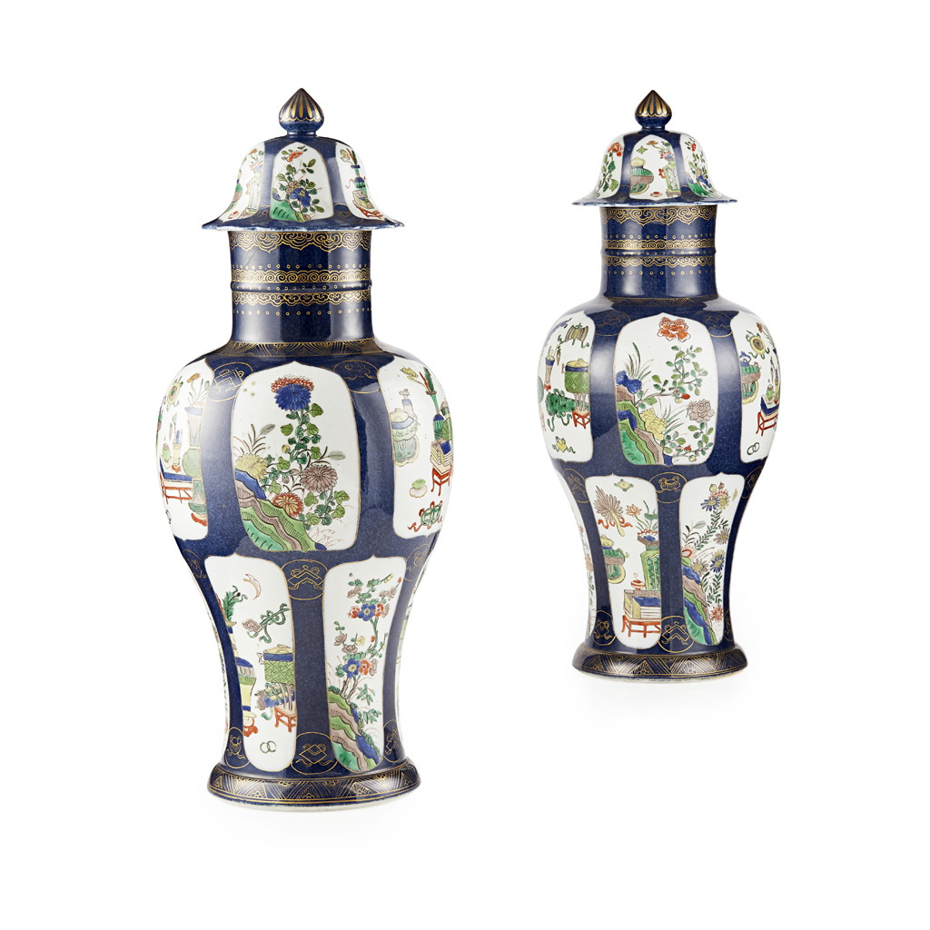PAIR OF POWDER BLUE AND GILT-GROUND FAMILLE VERTE BALUSTER VASES AND COVERS