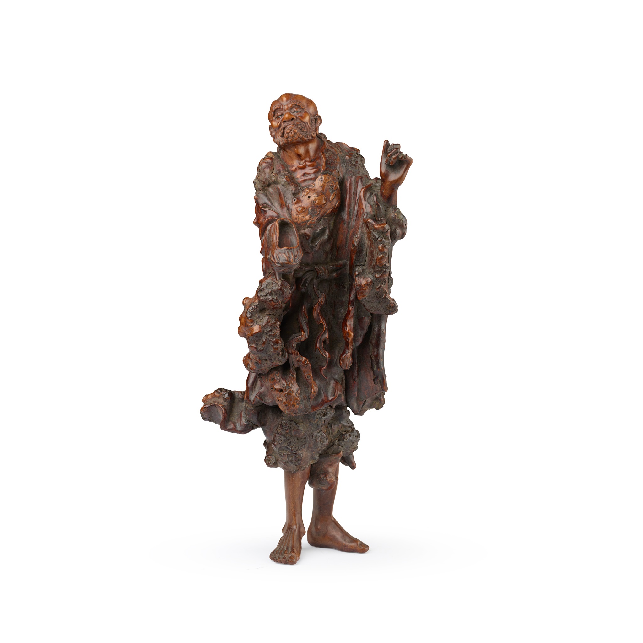 CARVED ROOTWOOD AND BOXWOOD FIGURE OF BODHIDHARMA