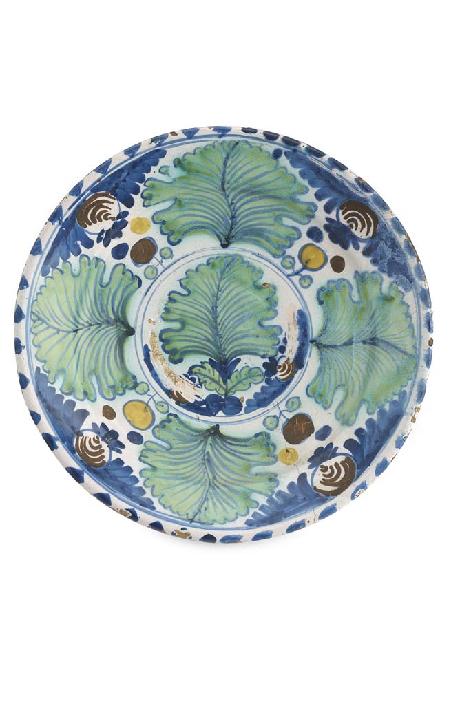 An early 18th century English Delft blue-dash oak leaf charger