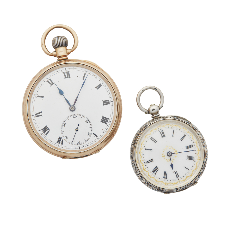 A 9ct gold open faced pocket watch and a silver pocket watch and key