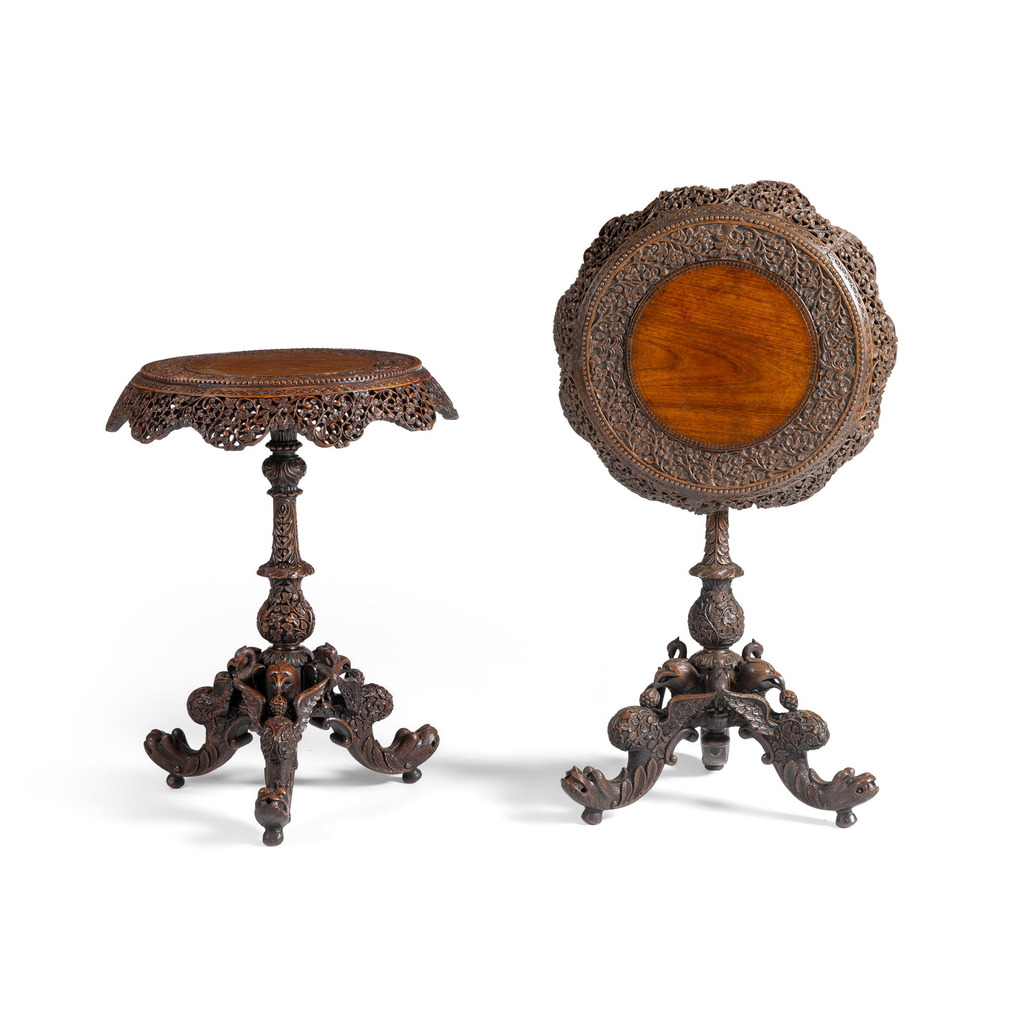 A PAIR OF BURMESE PADOUK OCCASIONAL TABLES