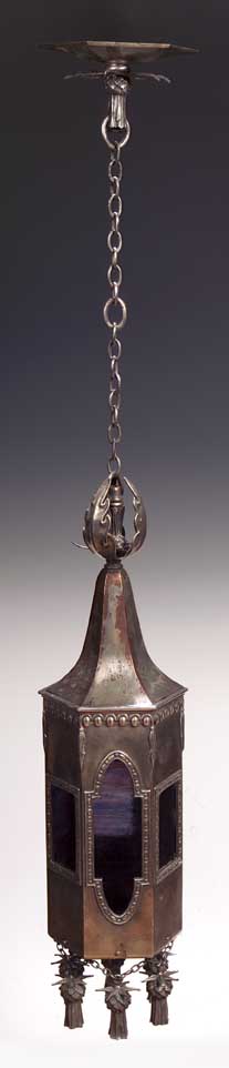 An Arts and Crafts silvered hanging light fitting,