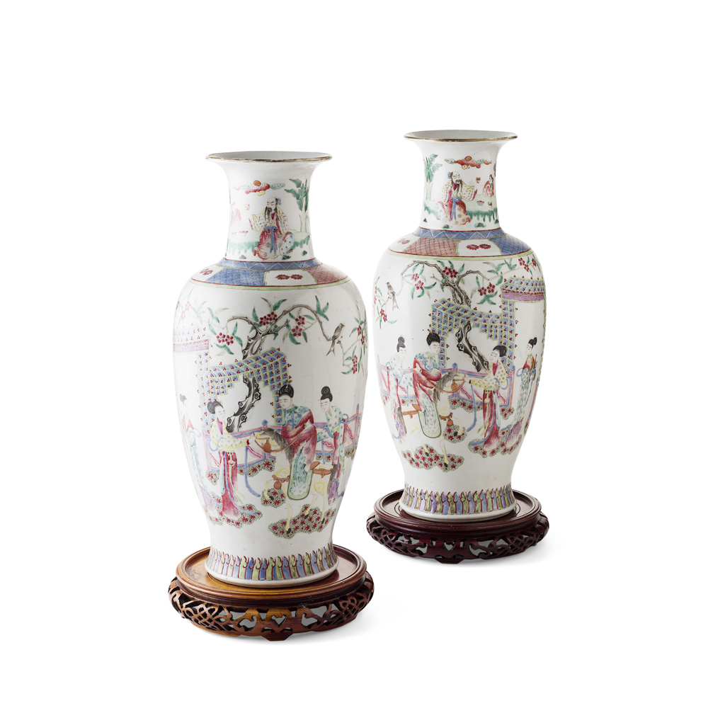 PAIR OF FAMILLE ROSE BALUSTER VASES