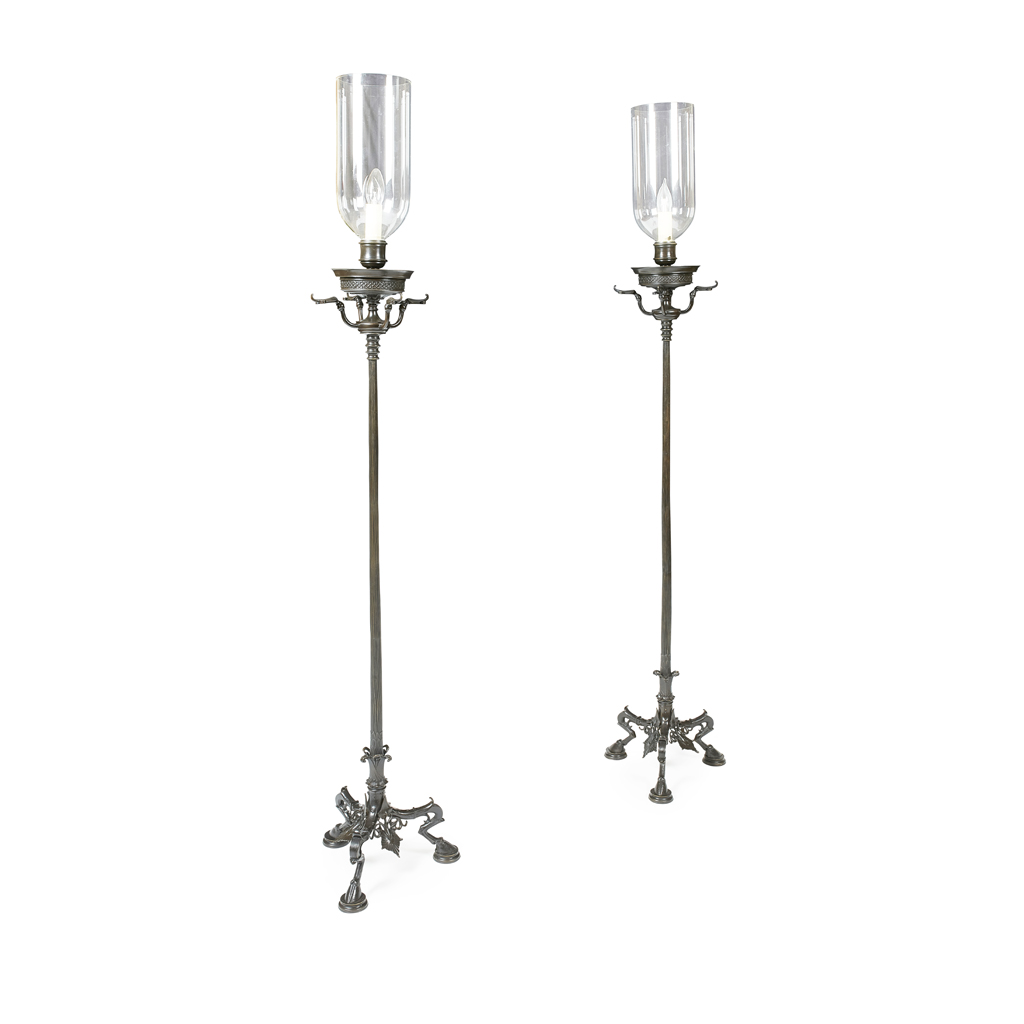 PAIR OF ROMAN STYLE PATINATED BRONZE TORCHÈRE LAMPS