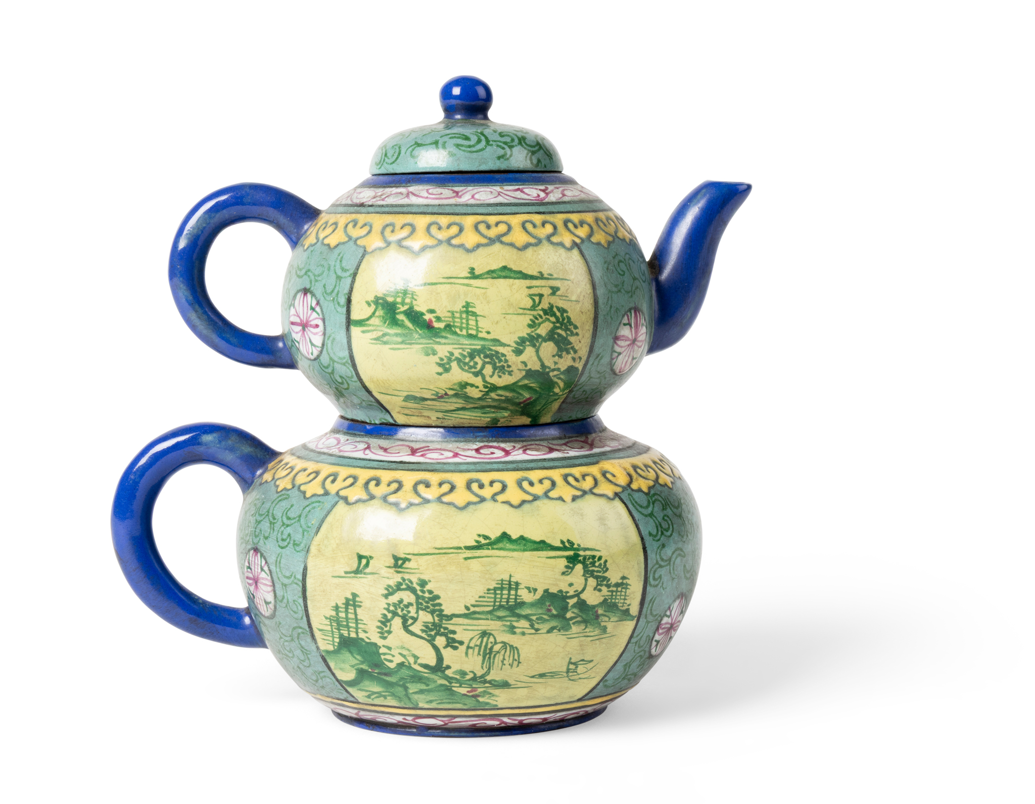 CHINESE ENAMELLED YIXING STONEWARE TEAPOT AND WARMER