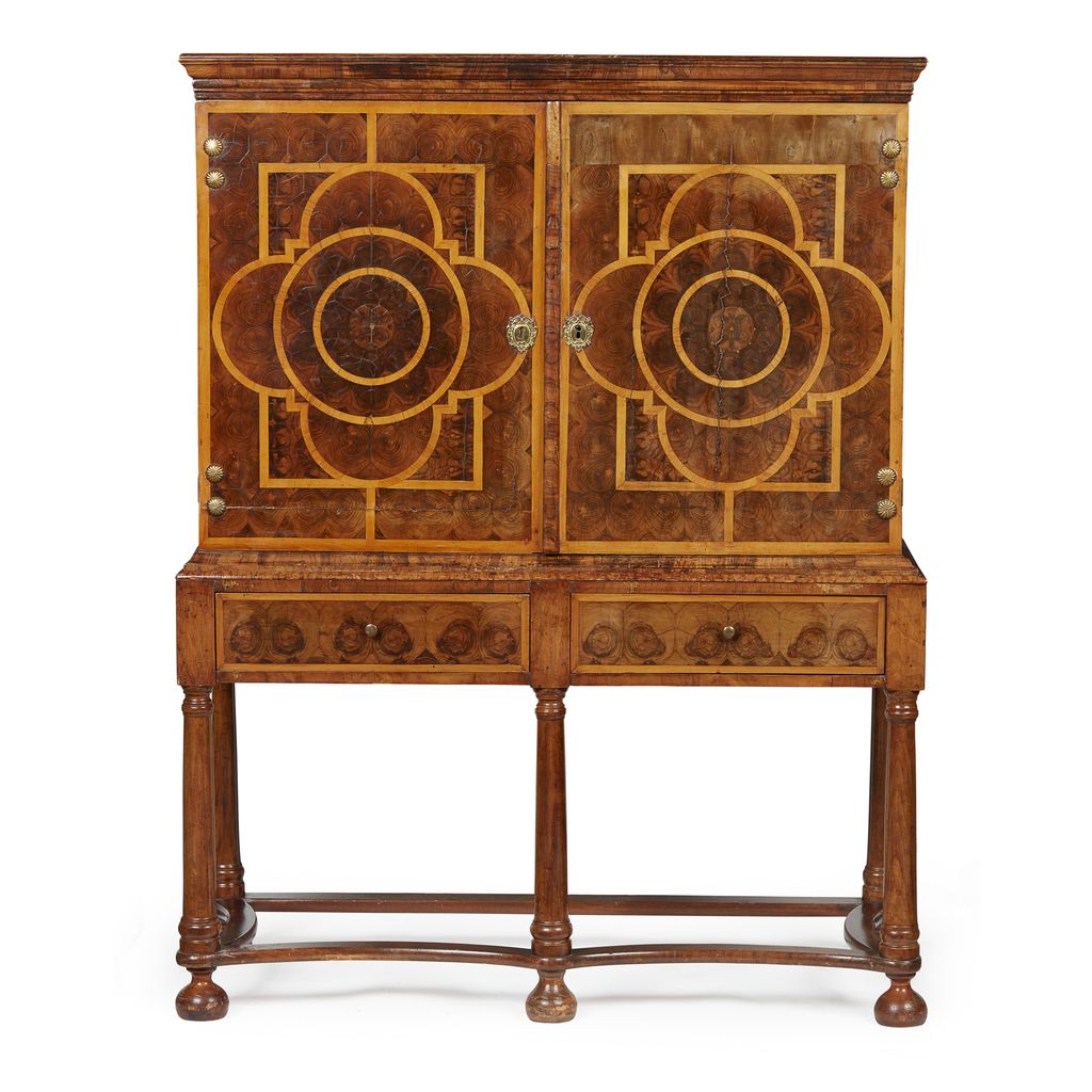 WILLIAM AND MARY OYSTER VENEERED CABINET ON STAND