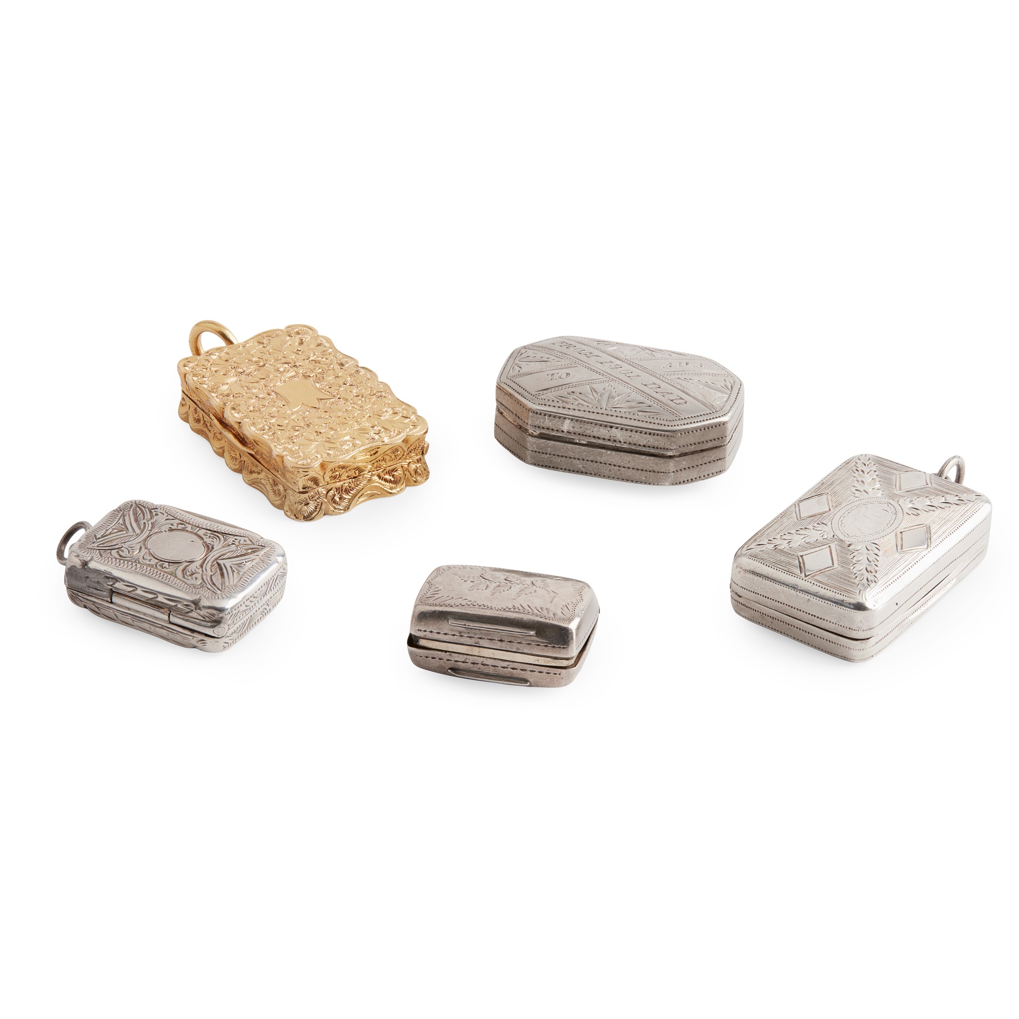 A collection of various 19th-century silver and gilt vinaigrettes