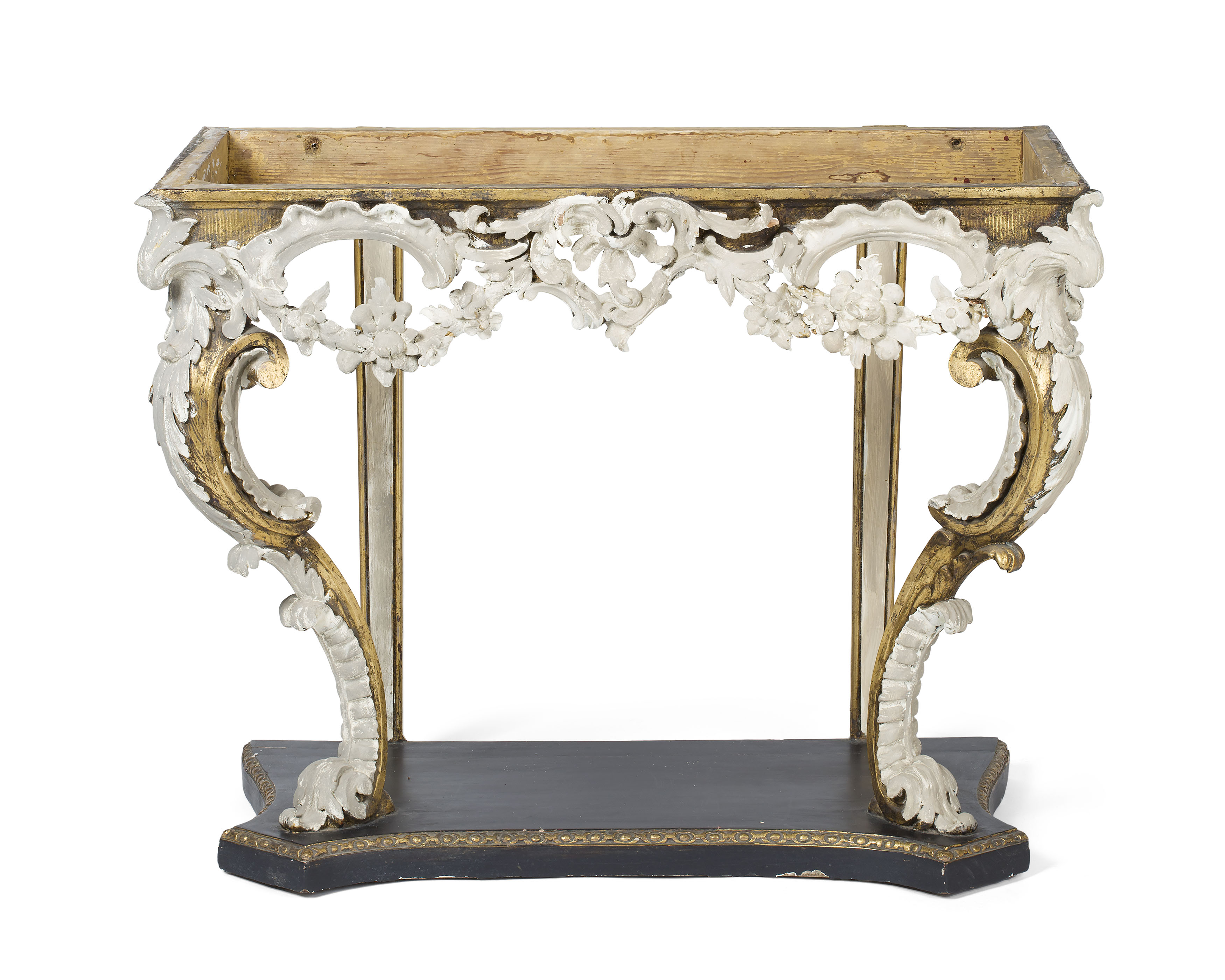 FINE GEORGE II / EARLY GEORGE III PAINTED AND GILTWOOD CONSOLE TABLE BASE