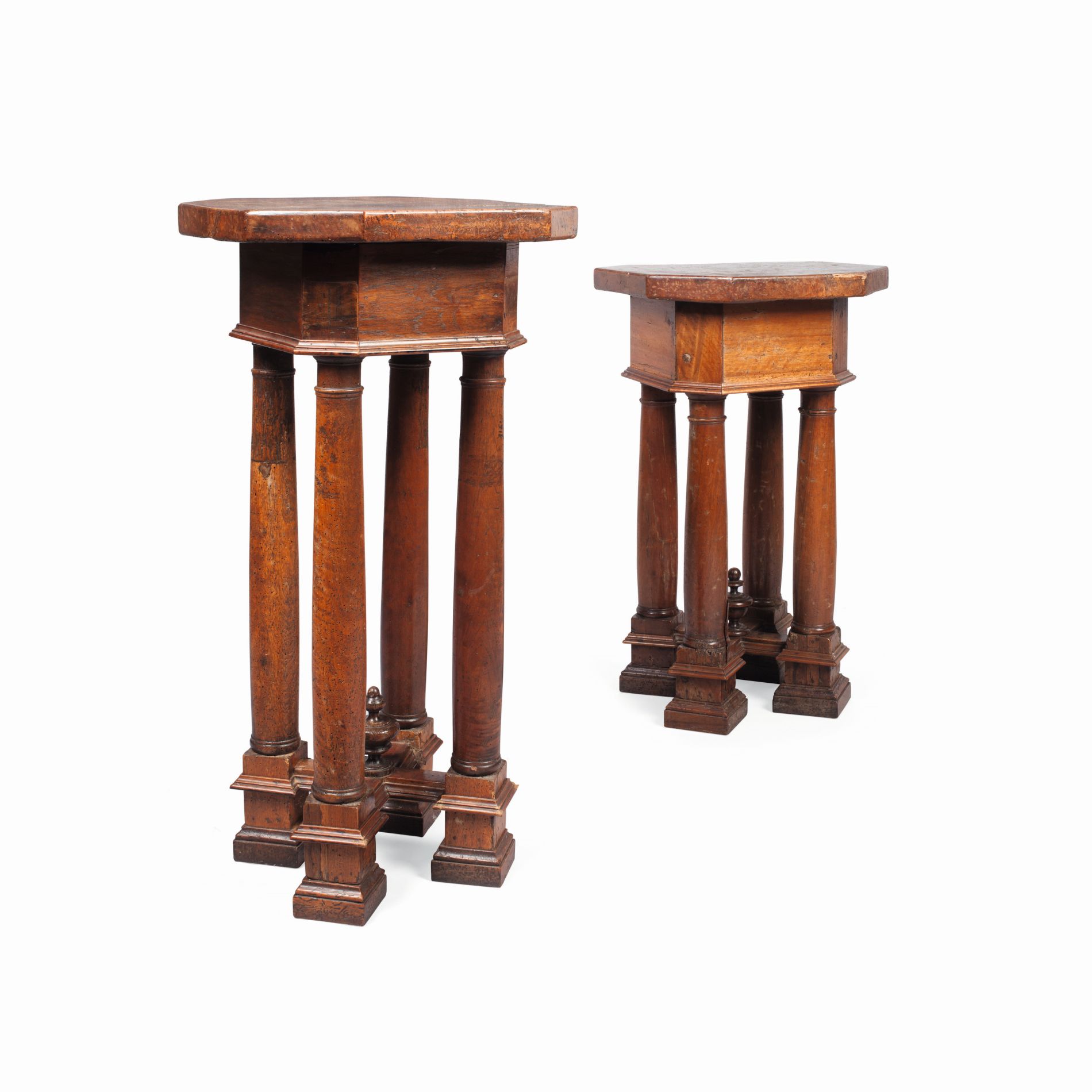 TWO SIMILAR ITALIAN WALNUT HEXAGONAL CENTRE TABLES