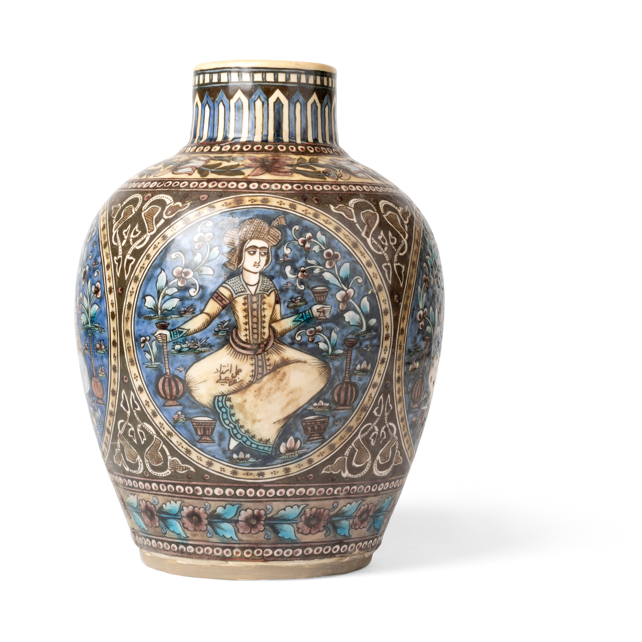 A QAJAR UNDERGLAZE PAINTED POTTERY JAR DEPICTING COURT PLEASURES